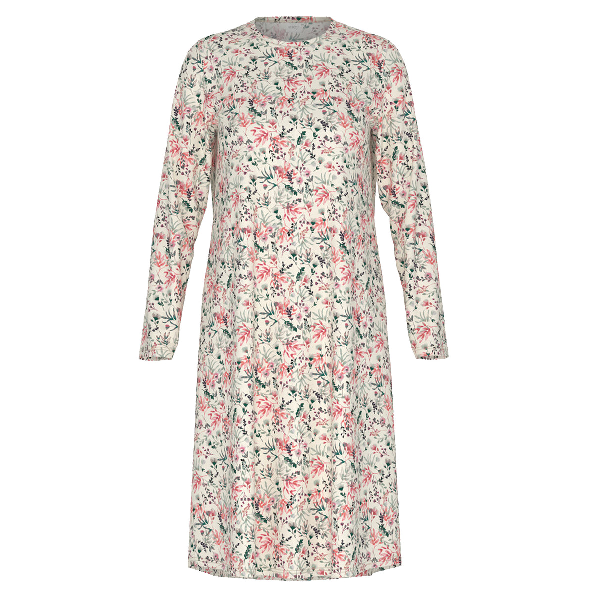 Mey long-sleeve nightgown in a soft ivory base with delicate pink, green and burgundy floral print, featuring a round neckline and relaxed silhouette.