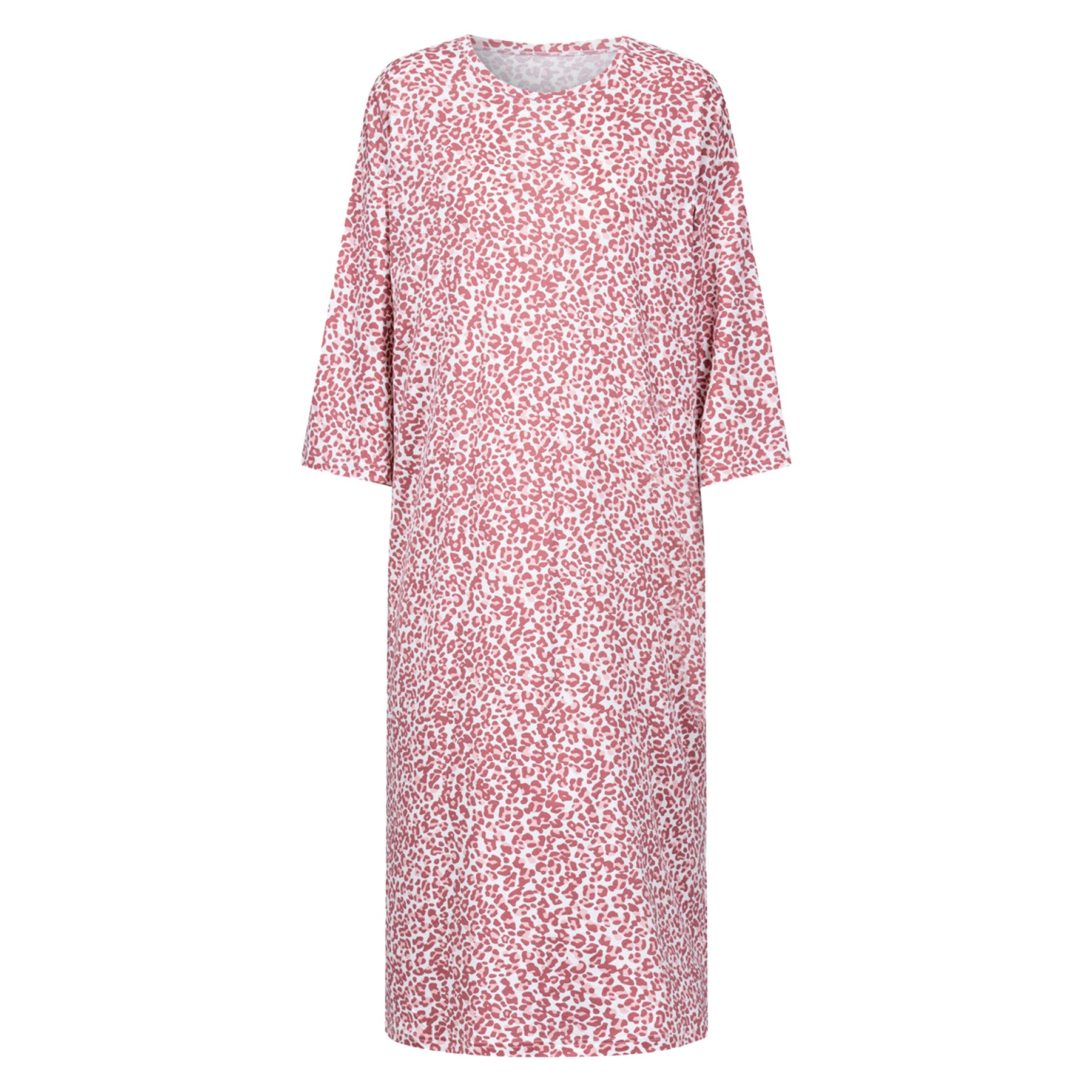 Mey Bridal Rose long sleepshirt in a white and soft pink animal-inspired print with a round neckline, three-quarter sleeves, relaxed silhouette, and elegant midi length.