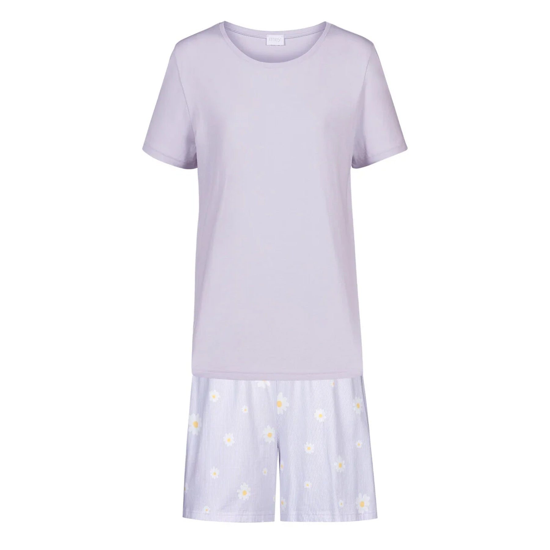 Lavender short-sleeve pajama top and matching daisy-print shorts laid flat against a white background.