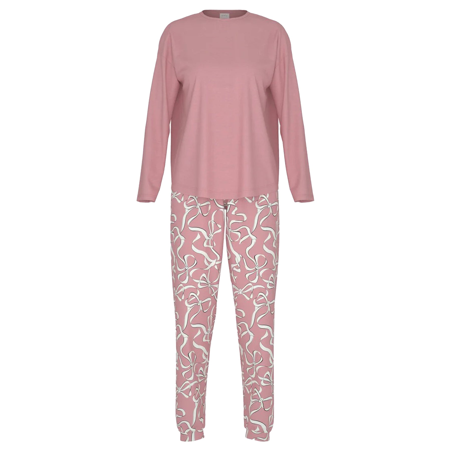 Pink pyjama set with solid top and ribbon print pants laid flat.