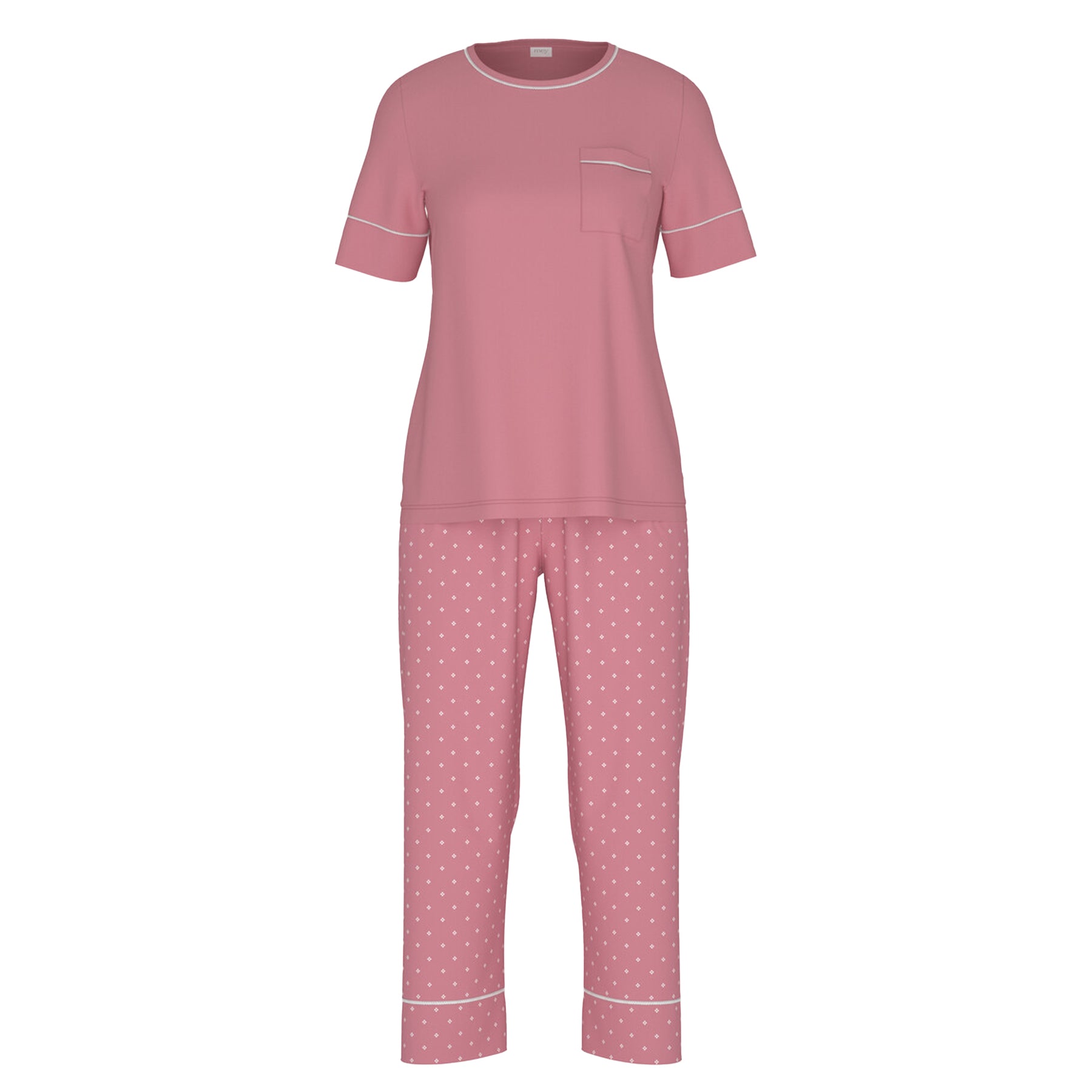 Flat lay product image of soft rosewood short sleeve top and printed pyjama pants set – style 1240122.