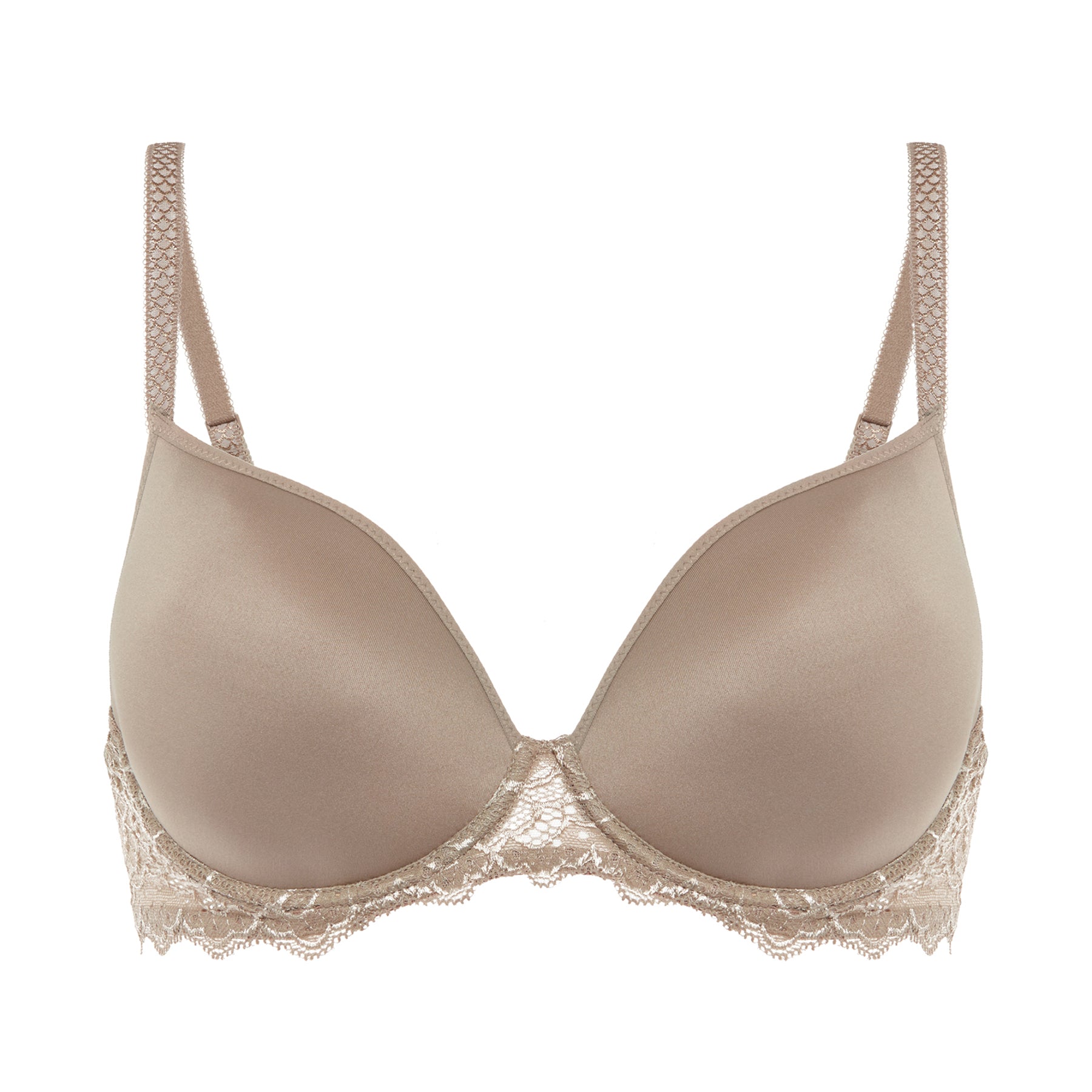 A spacer grey/nude bra full cup, fly layout on a white background.
