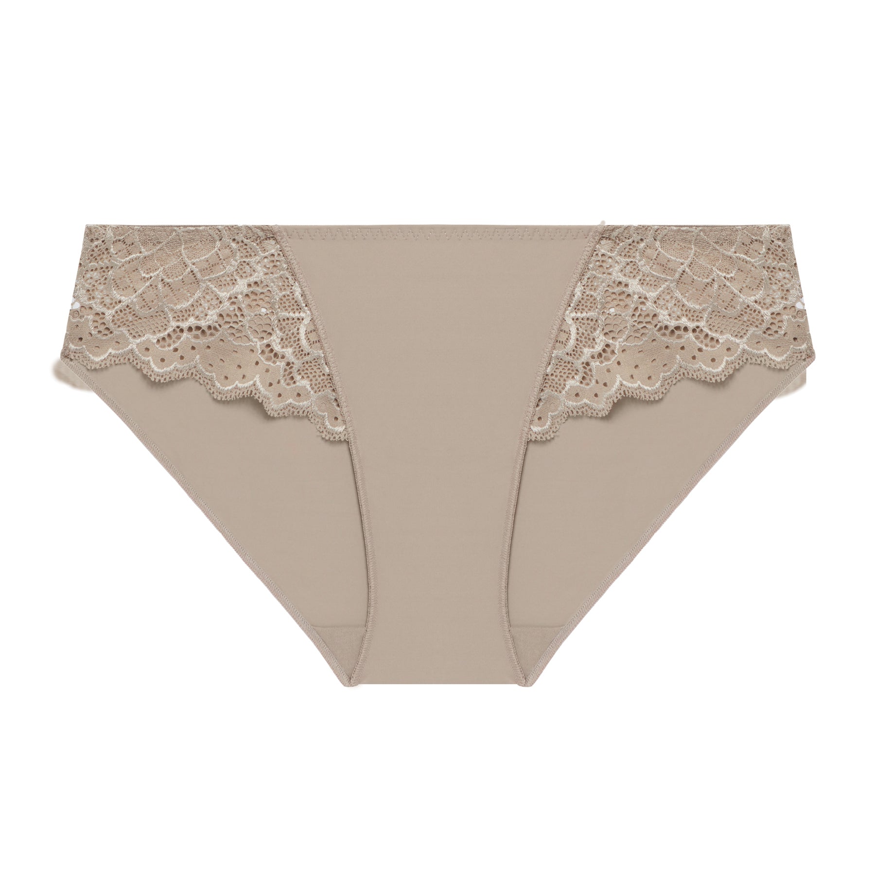 A flat layout a grey/nude bikini brief seamless panty on a white background.