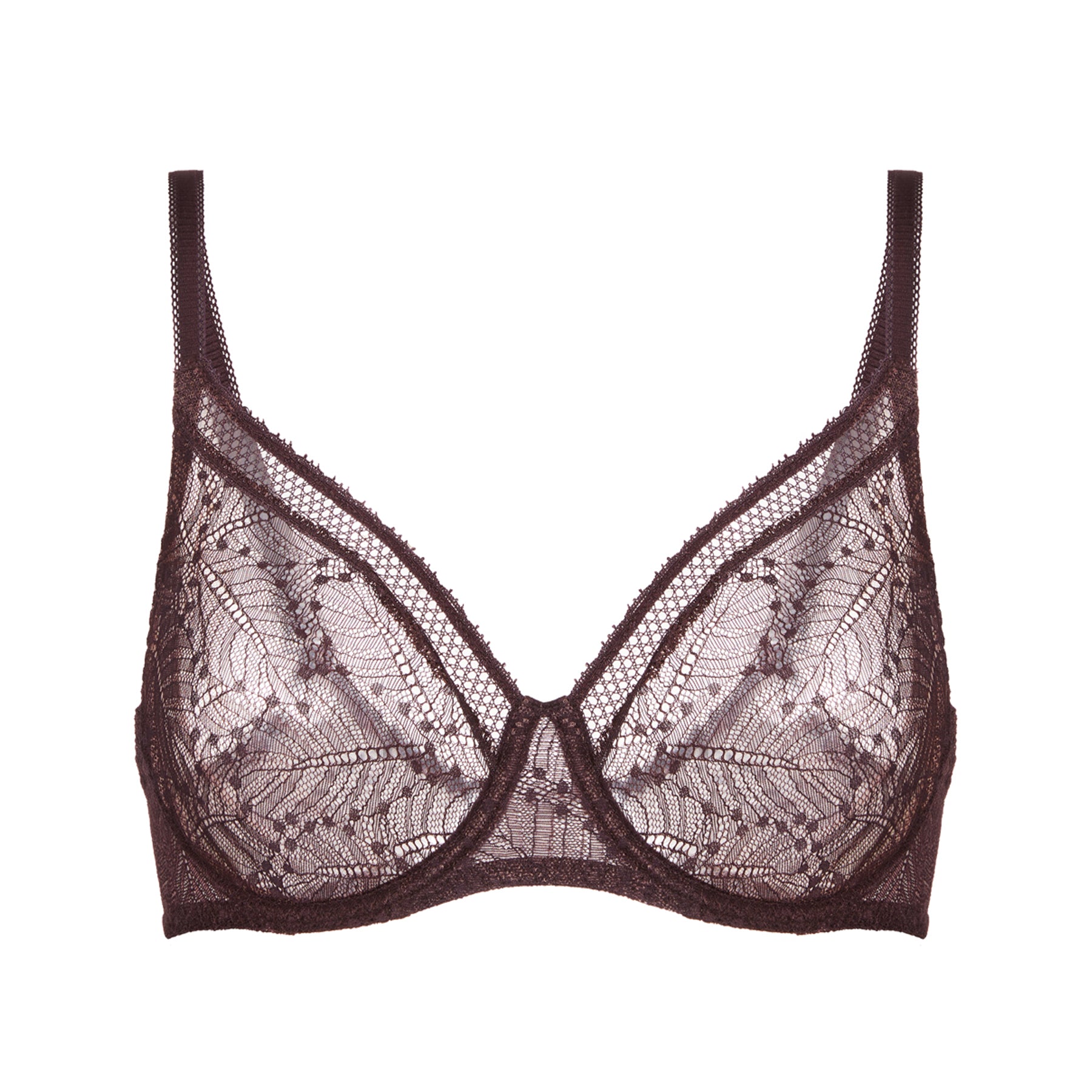Lace underwire bra in chocolate brown – front view, flat lay product image.