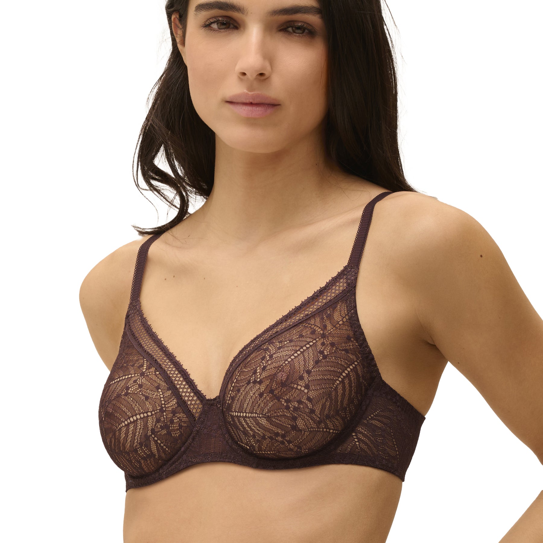 Chocolate lace bra with sheer cups – close-up on model for detail and texture.