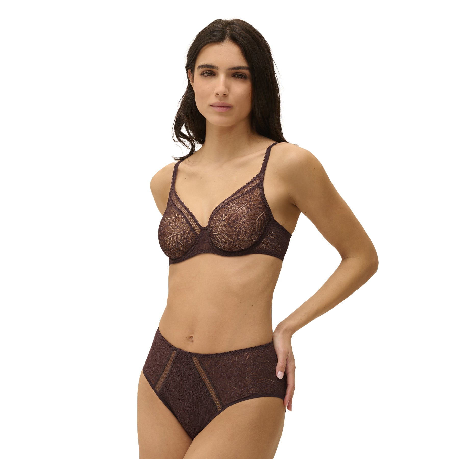 Full view of chocolate lace lingerie set – model wearing matching bra and high-waist brief.
