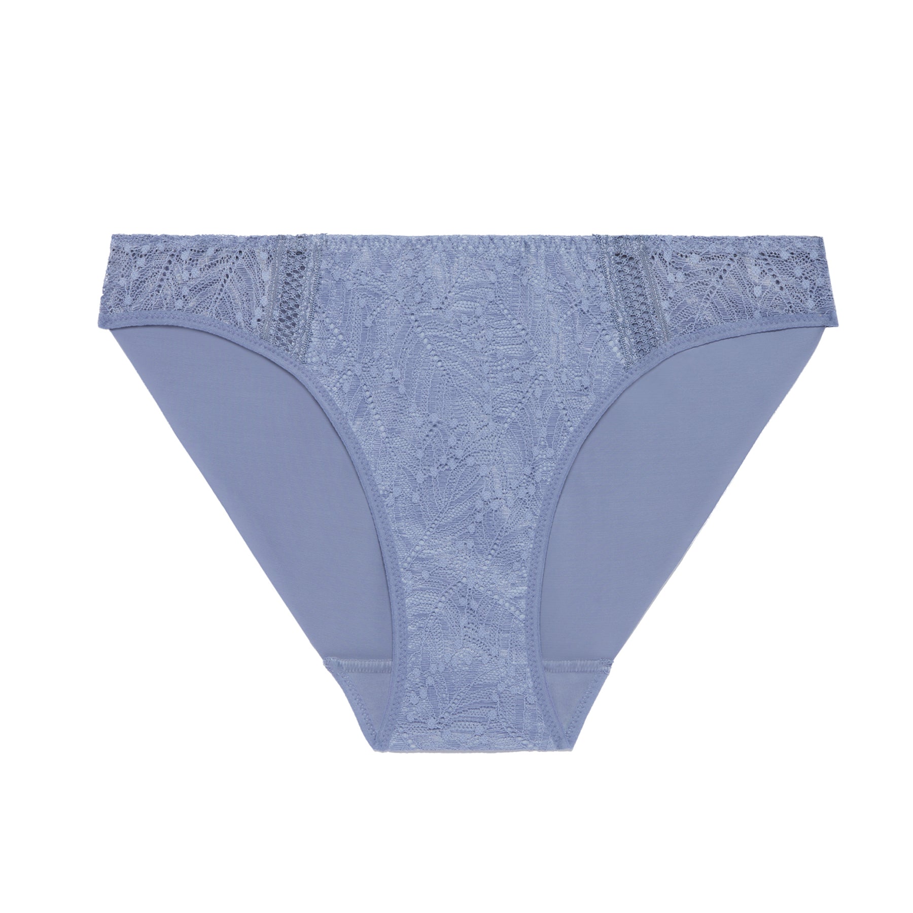 Chambray Blue bikini brief style 12S720 flat lay front view featuring delicate lace front panel and smooth side panels.