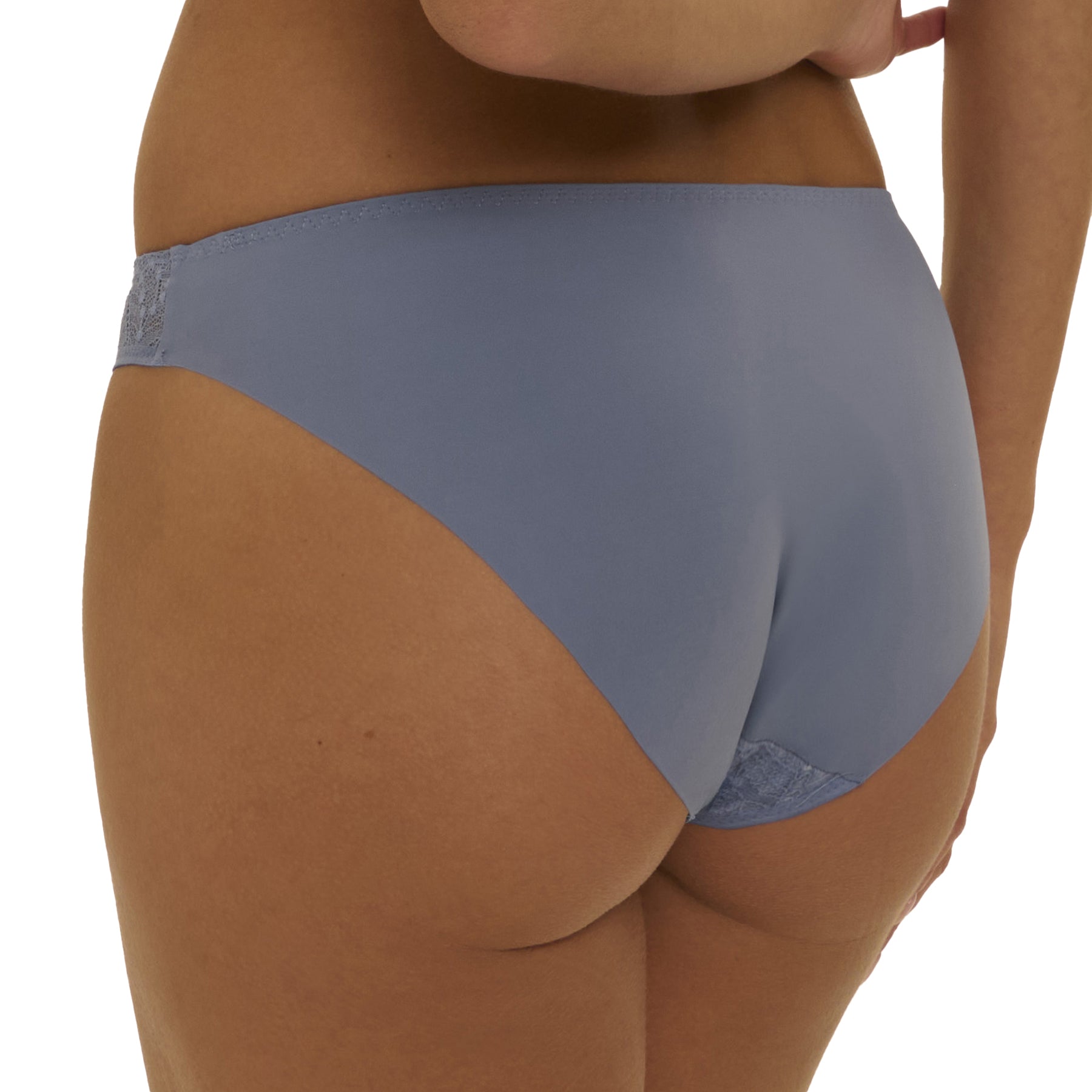 Back view of lace bikini brief in Chambray Blue (style 12S720) with seamless finish and lace trim detail.