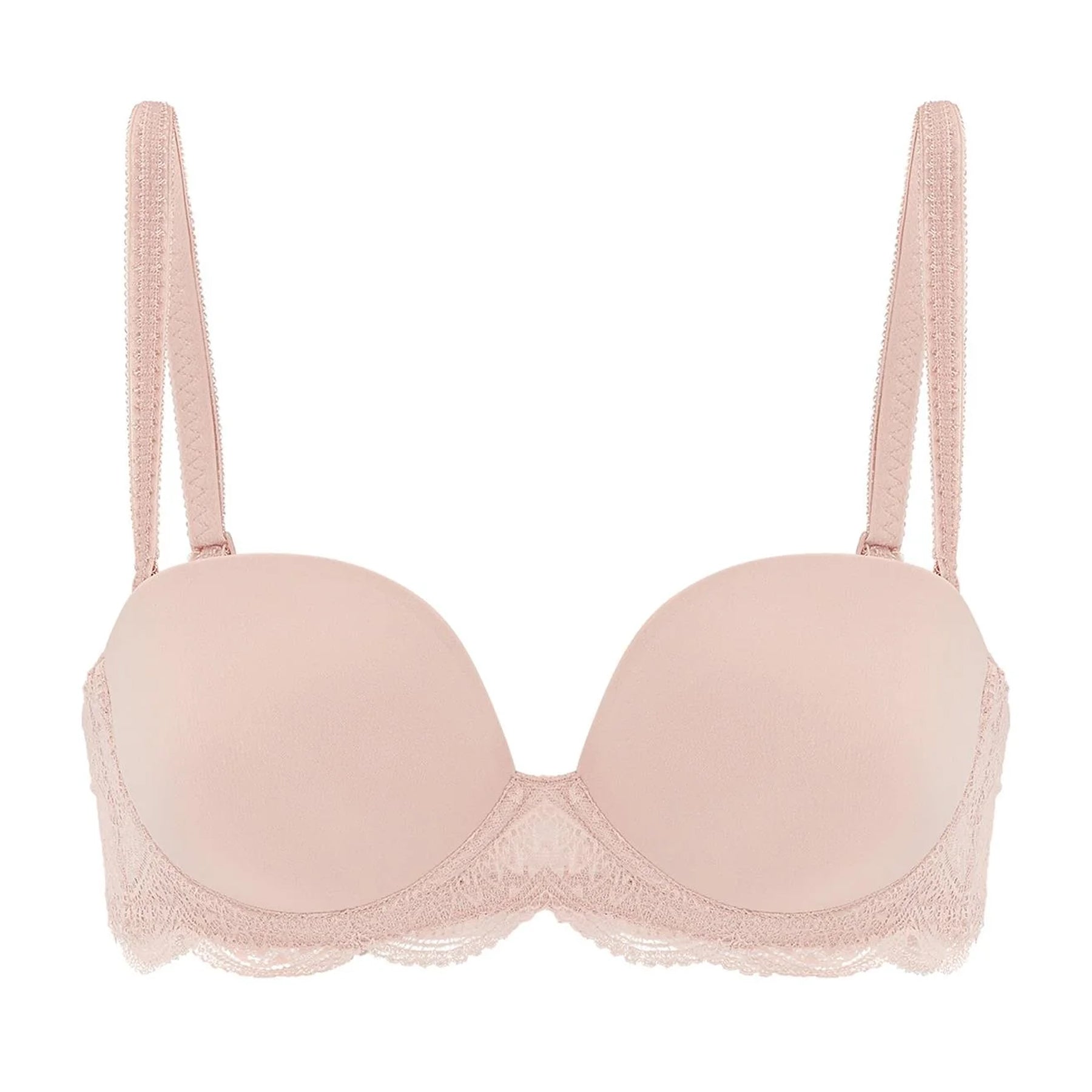 Strapless bra in nude peau rose, without model, front view.
