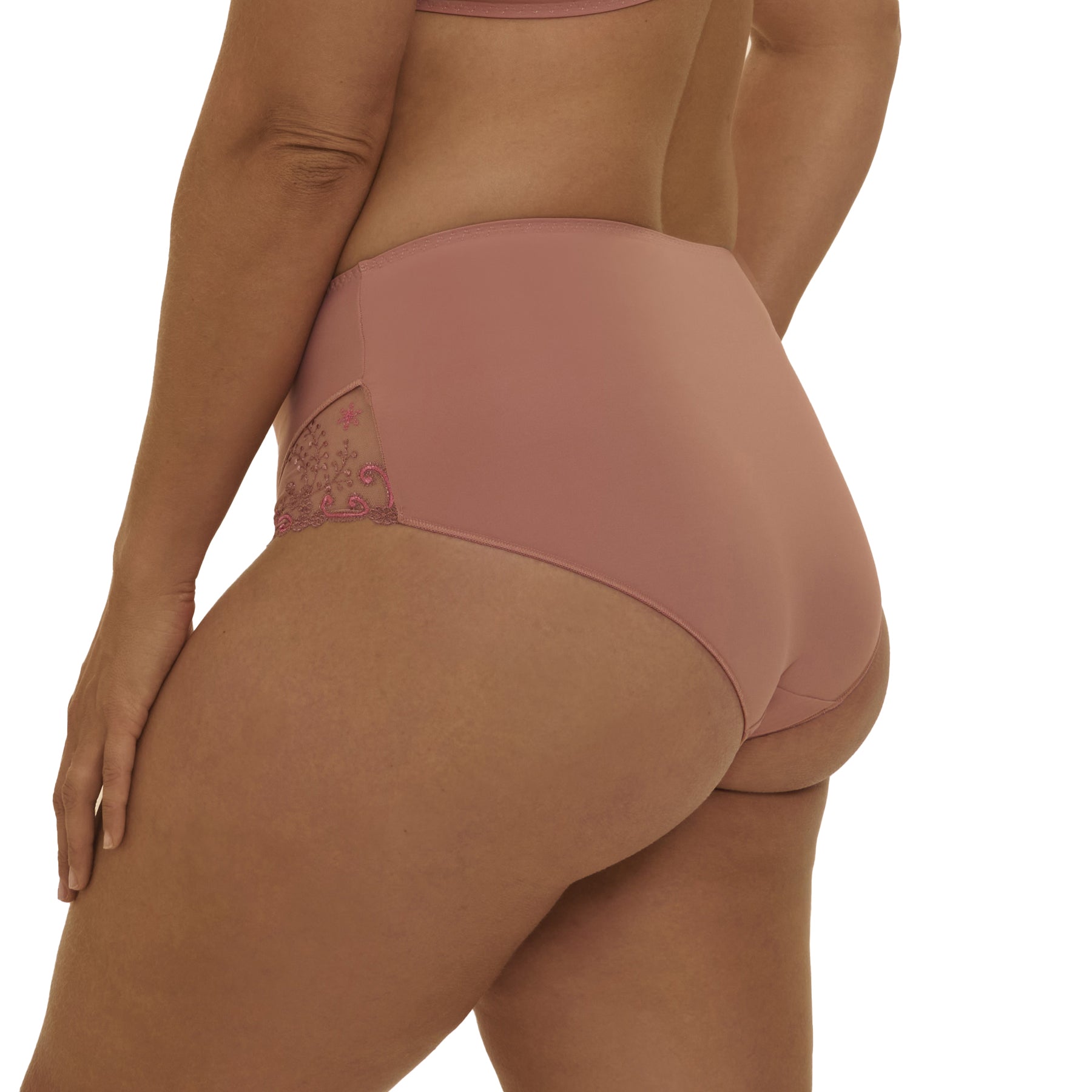 Back view of smokey pink high-waist brief with smooth full-coverage back and embroidered side accents.
