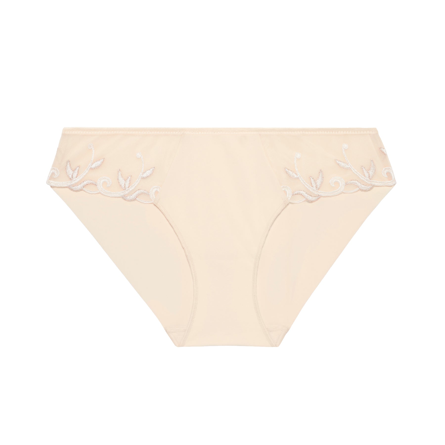 Beige full brief underwear with delicate floral embroidery on sheer mesh panels, front view on white background.
