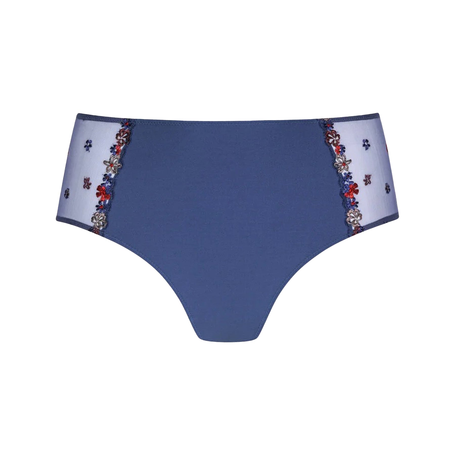 High-waist blue briefs with sheer mesh side panels and red, blue, and lilac floral embroidery, flat lay front view
