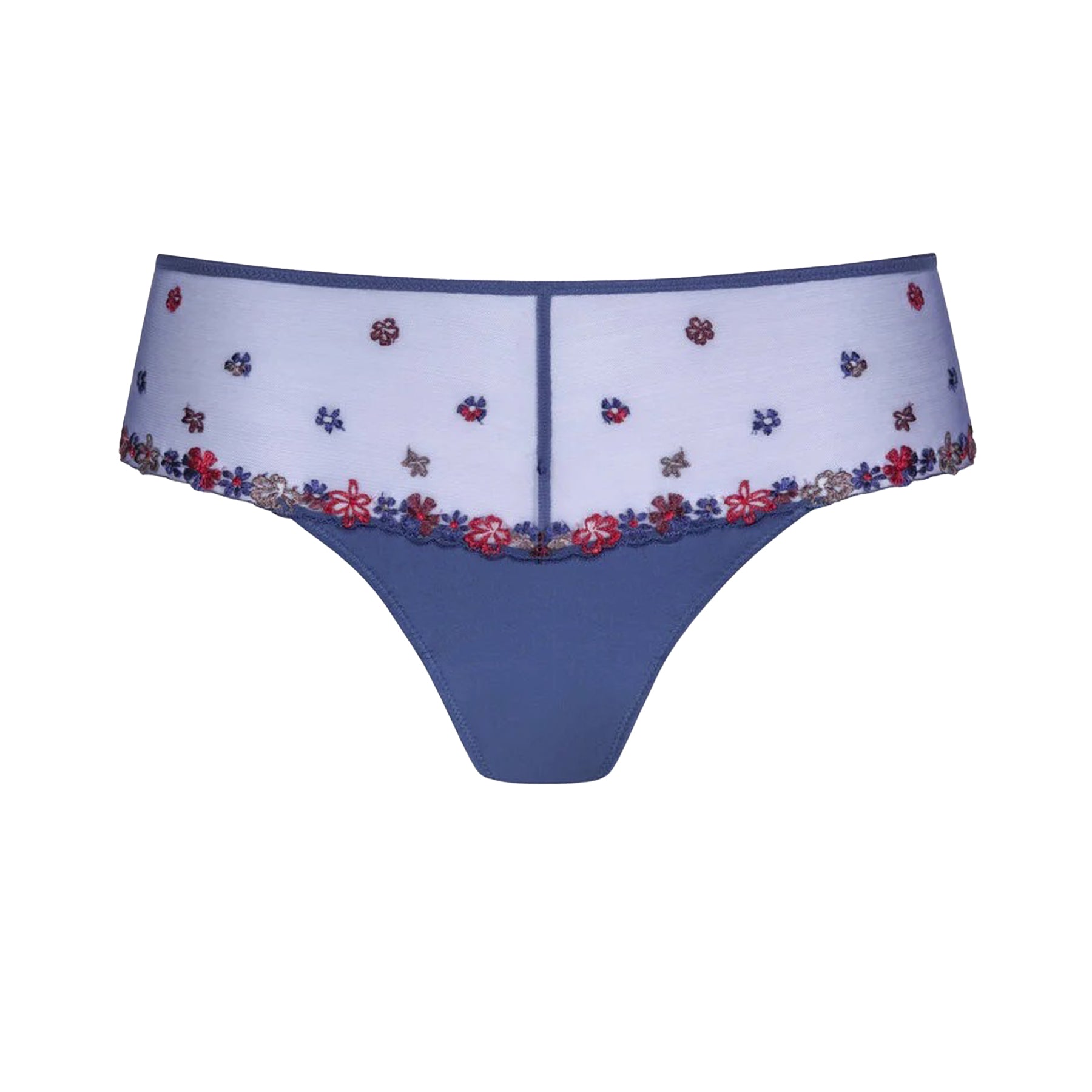 Blue bikini briefs with sheer mesh top and red, blue, and lilac floral embroidery, flat lay front view
