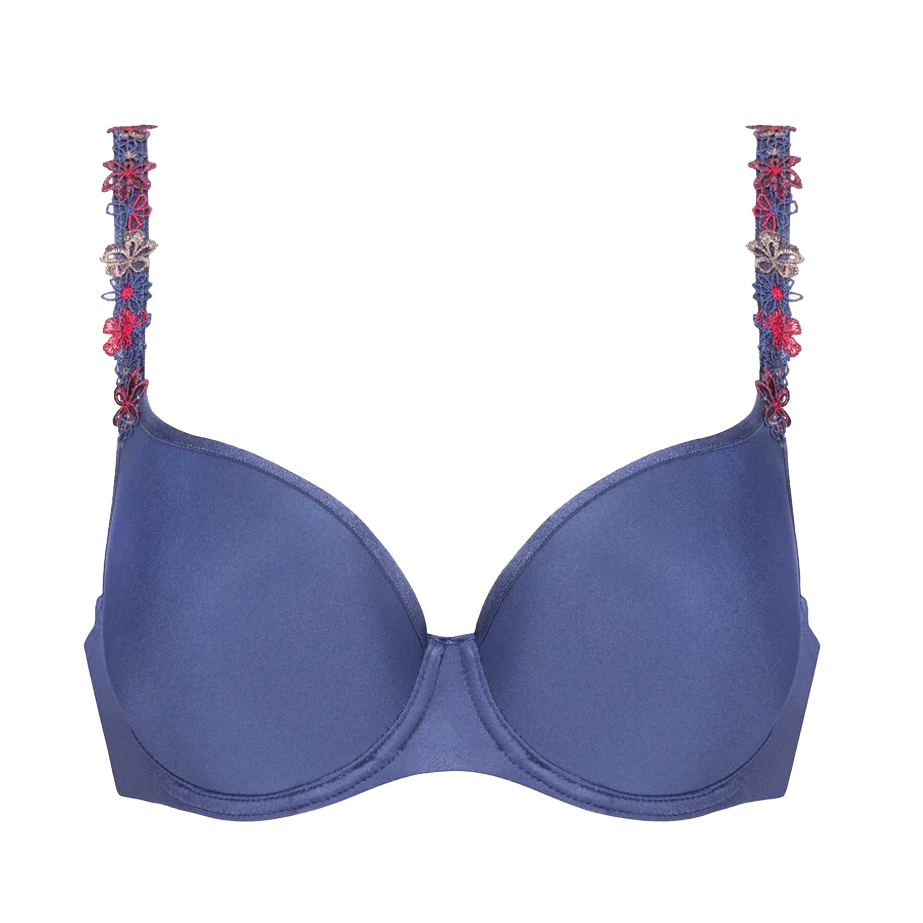 Blue spacer plunge bra with breathable cups and red, blue, and lilac floral embroidered straps, flat lay front view