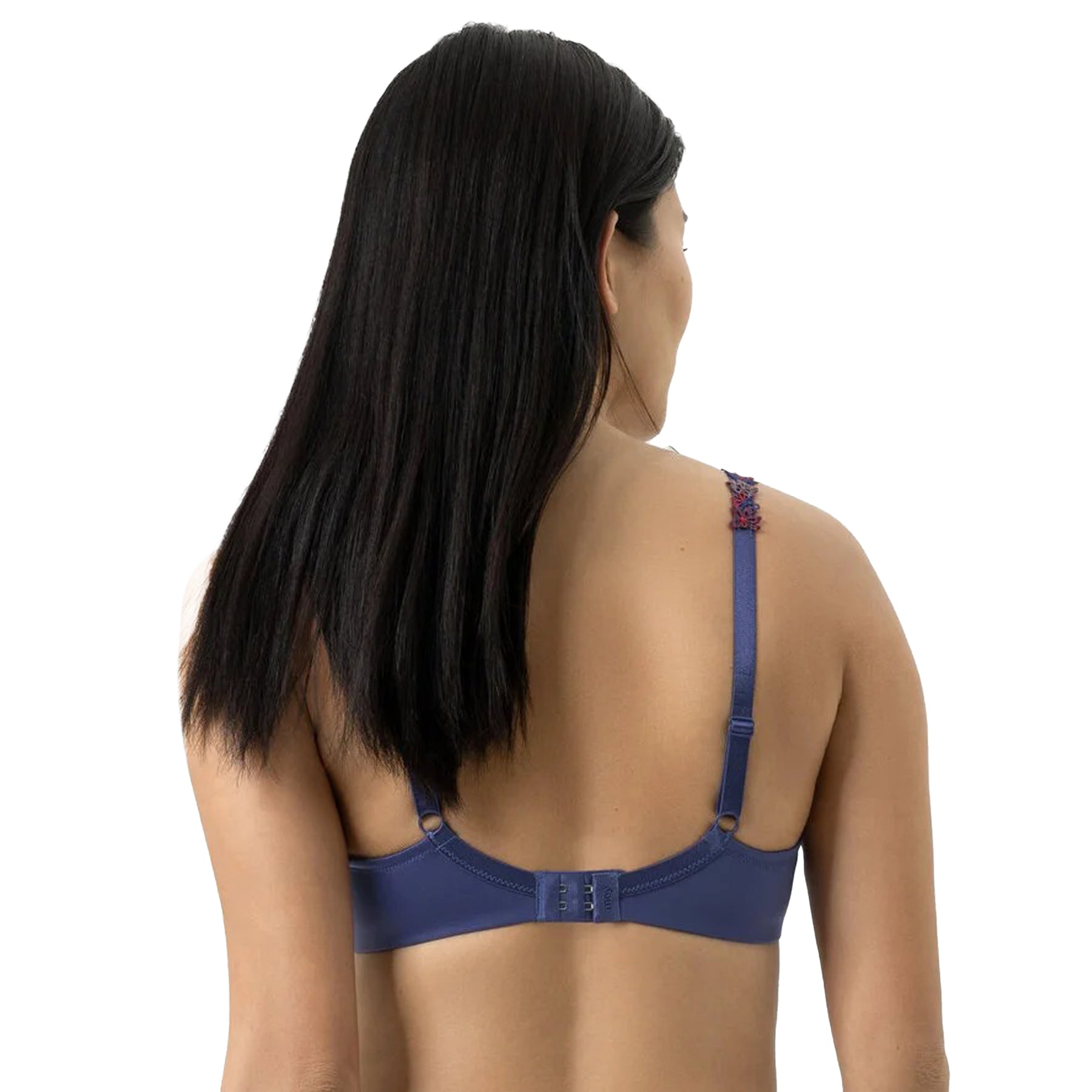 Blue spacer plunge bra with adjustable straps and hook-and-eye closure, rear view on model