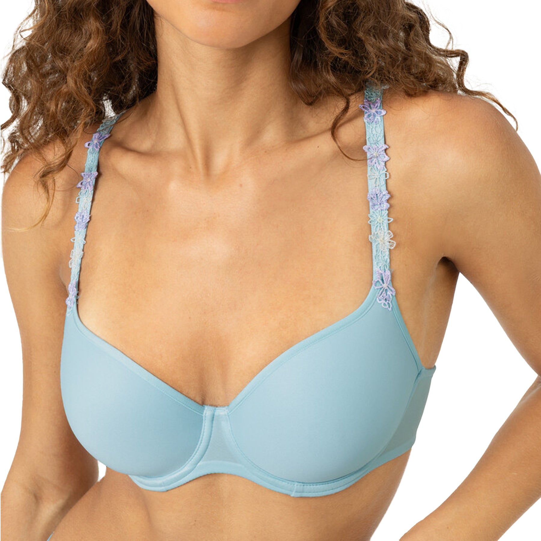 Close-up of light blue smooth cup bra with delicate floral embroidery on the straps.