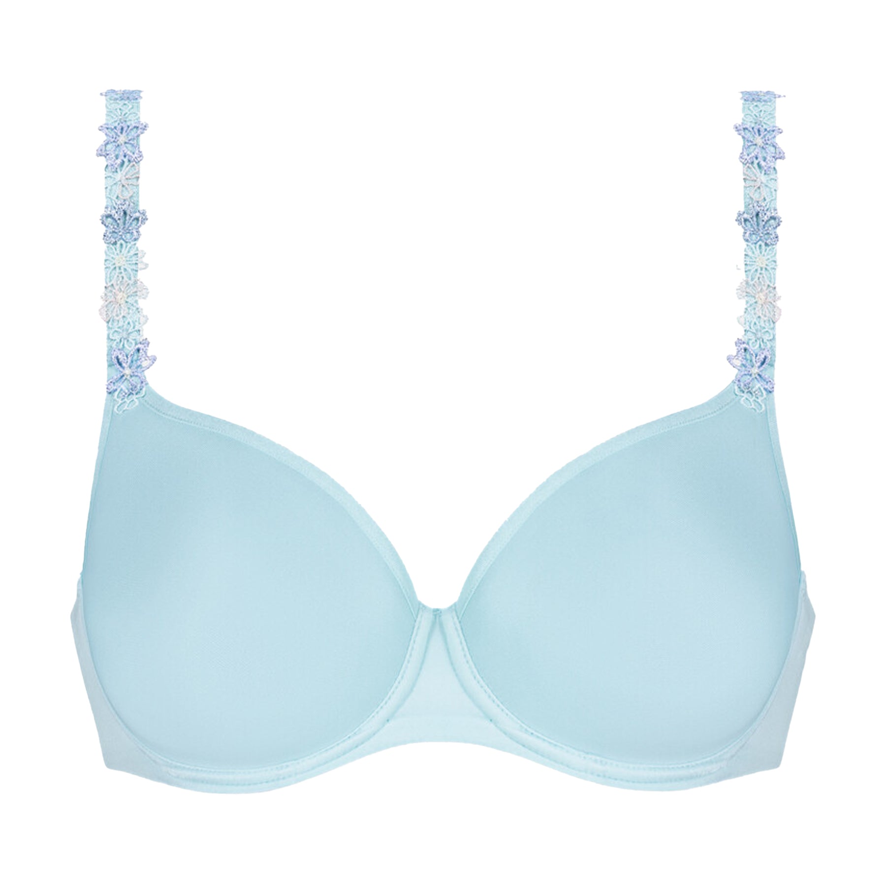 Light blue padded balcony bra with smooth molded cups and floral embroidered straps, product packshot on white background.