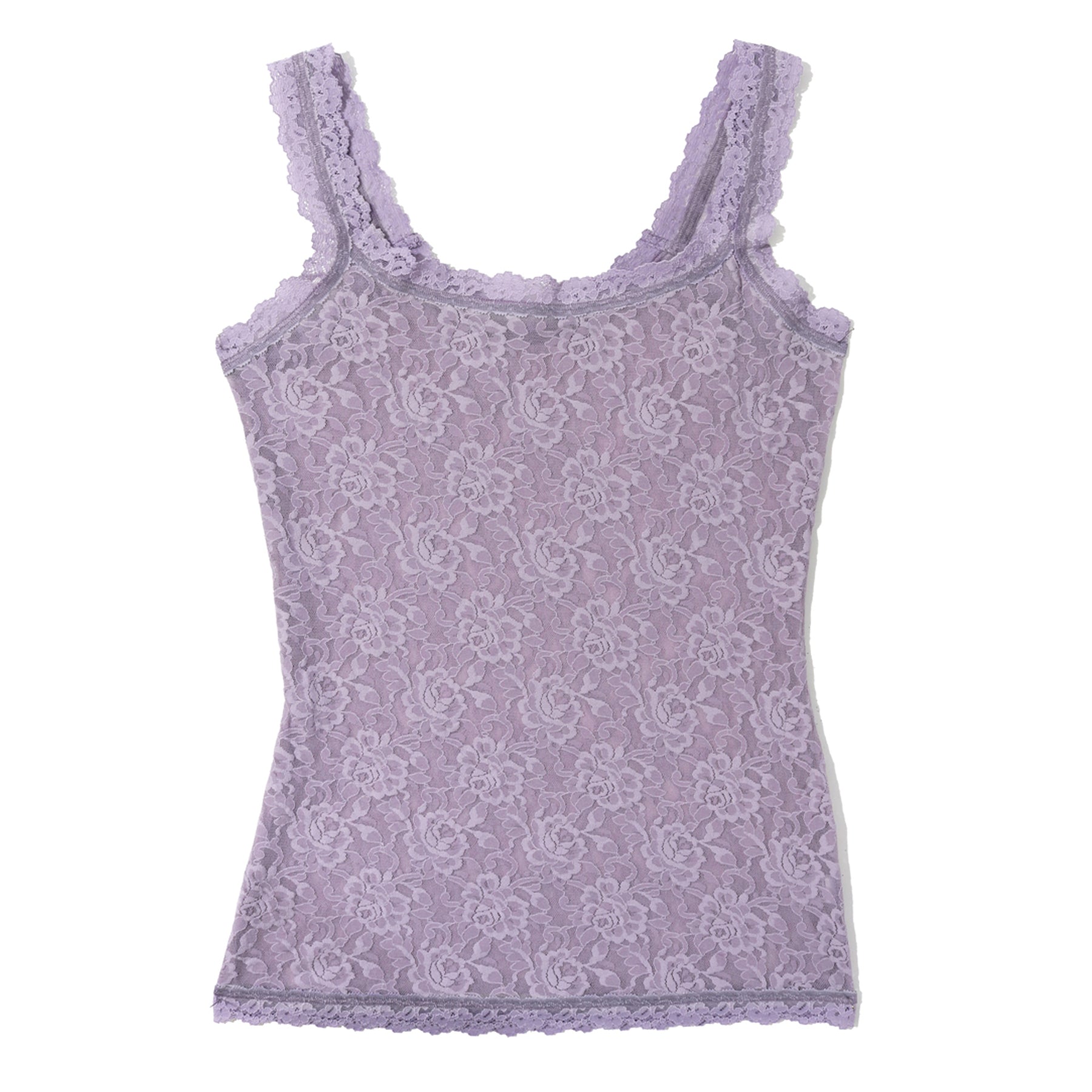 Lavender lace camisole laid flat, featuring all-over floral lace and scalloped edges