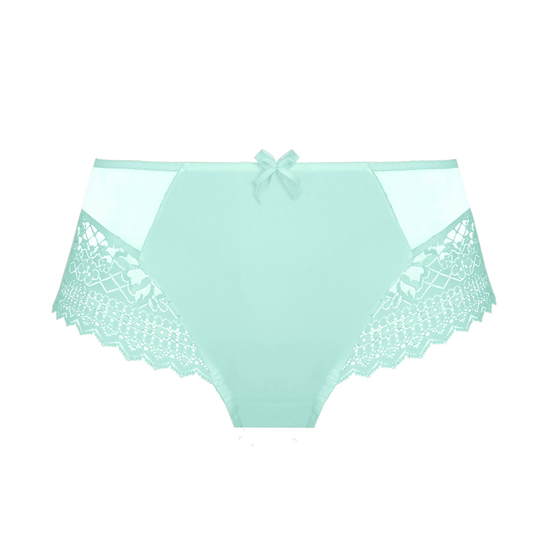 Aqua control brief with smooth front panel, sheer mesh inserts, and scalloped lace sides on white background.