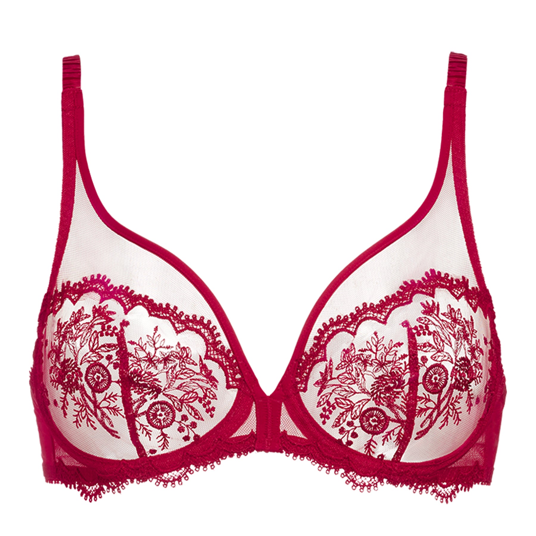 Simone Pérèle Opera Red plunge underwire bra featuring sheer tulle cups with floral embroidery and deep V-neckline.