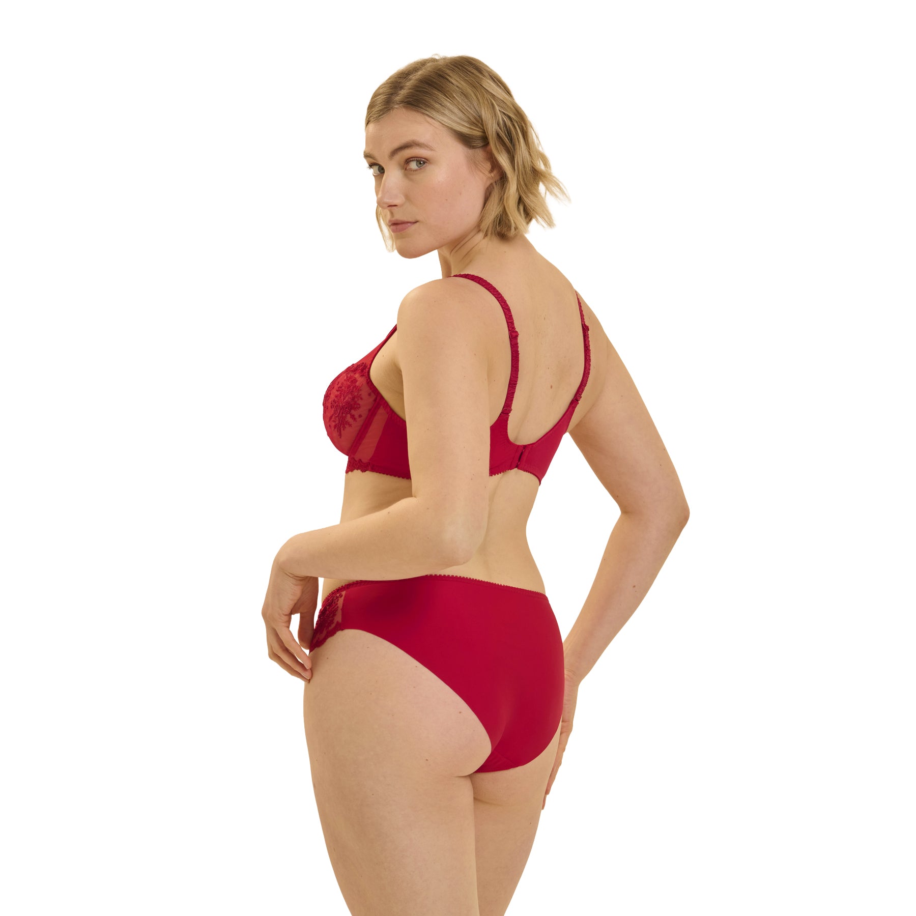 Back view of Simone Pérèle Opera Red plunge bra and matching bikini brief with smooth microfiber back and adjustable straps.