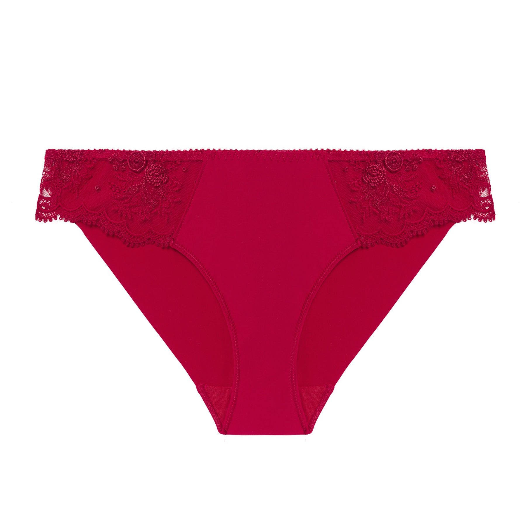 Simone Pérèle Opera Red bikini brief with soft microfiber front, sheer floral embroidered lace accents, and scalloped trim.