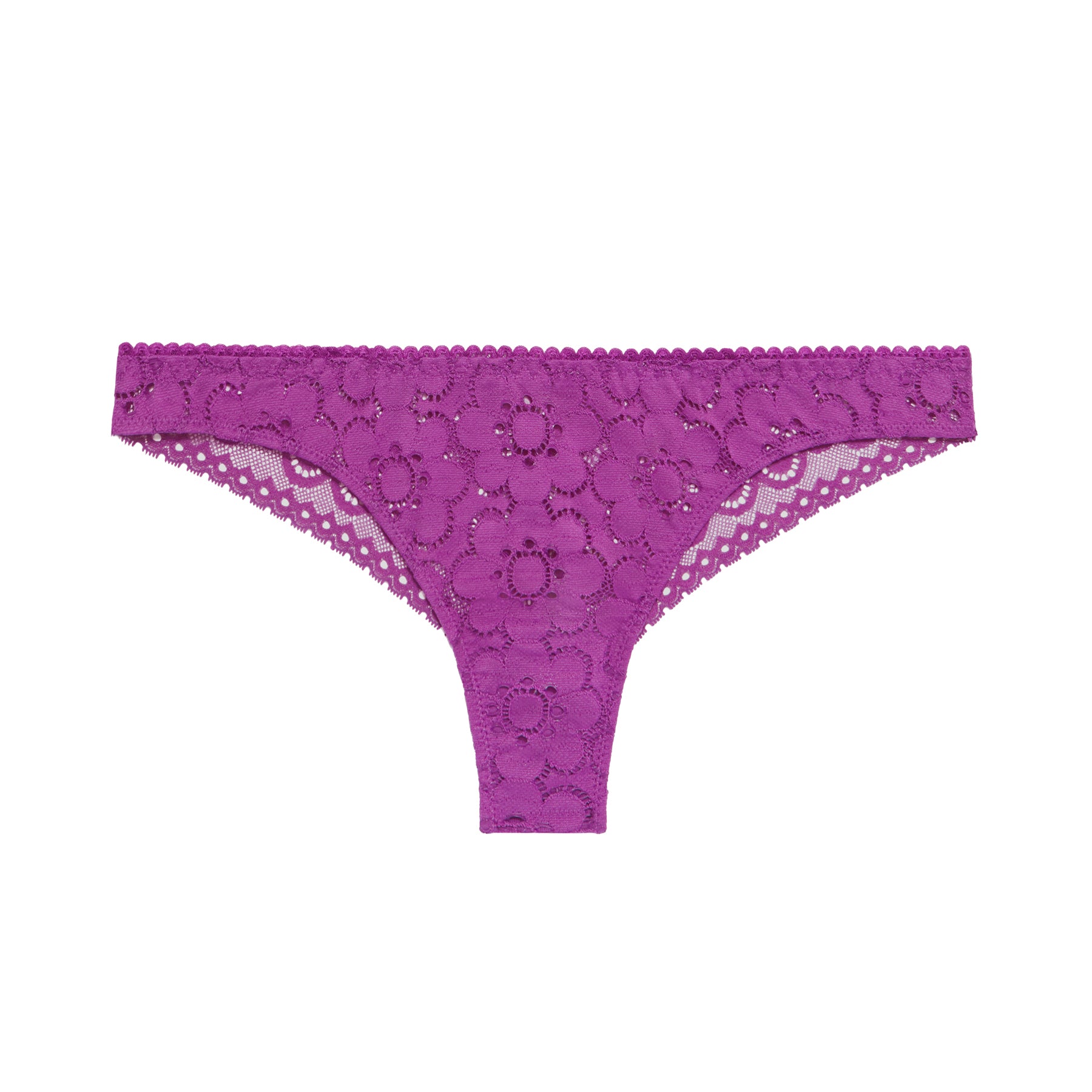 Close-up of a purple lace thong with floral embroidery and scalloped trim, laid flat on a white background.