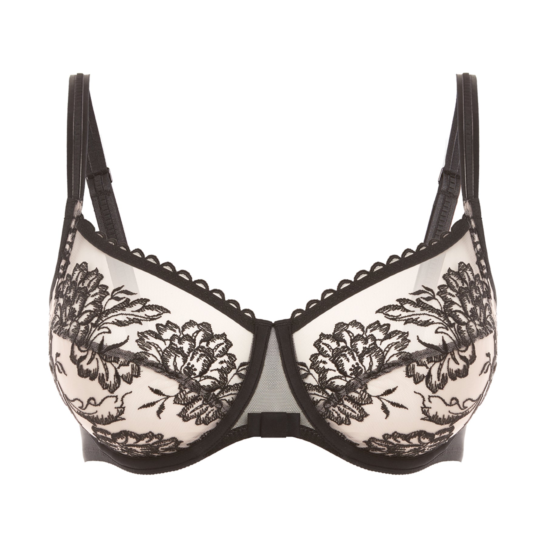 Black floral embroidered full cup bra with sheer mesh and scalloped edges, front view on white background.