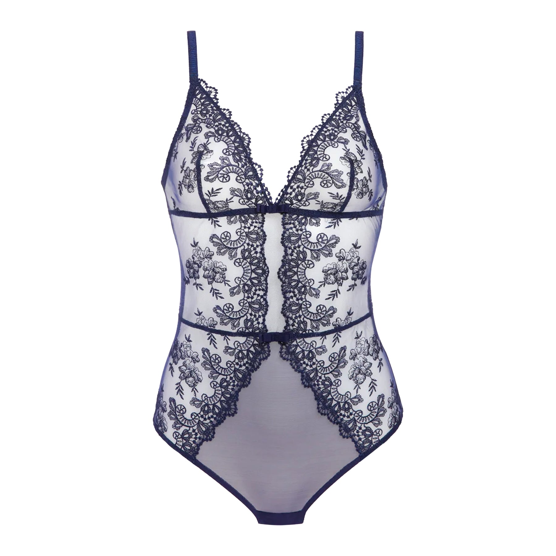 Simone Pérèle navy bodysuit featuring sheer tulle, intricate floral embroidery, plunging neckline and delicate lace trim.