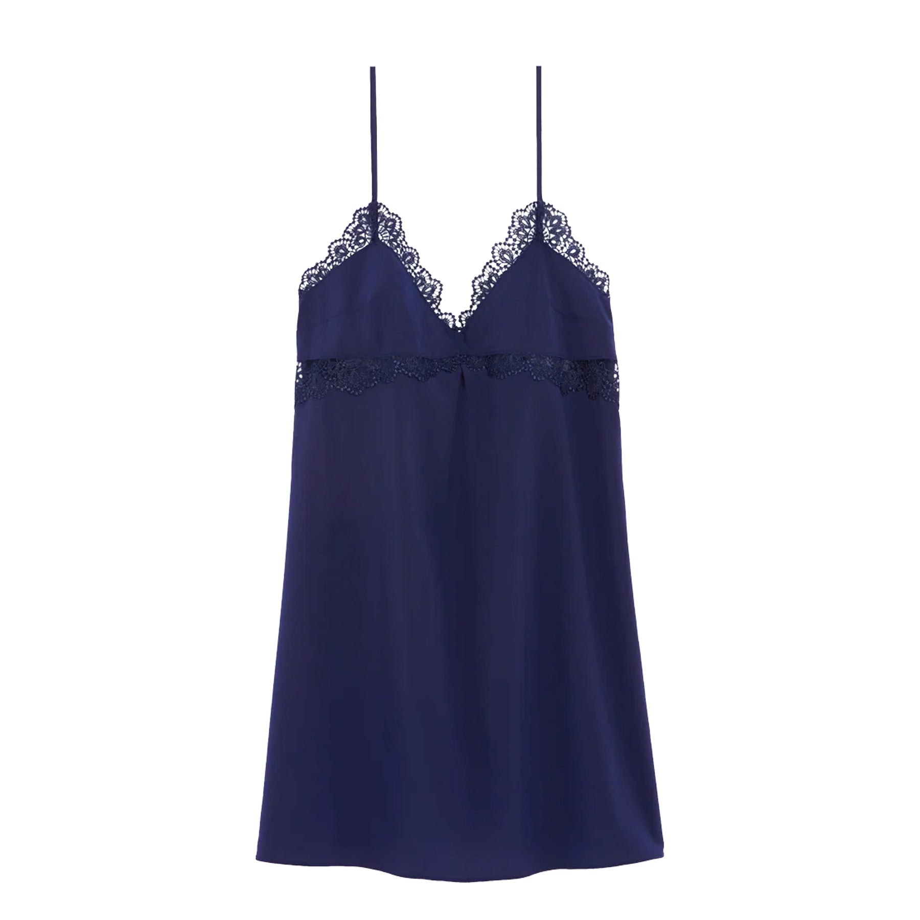 Simone Pérèle navy chemise featuring delicate lace along the neckline and underbust with adjustable spaghetti straps.