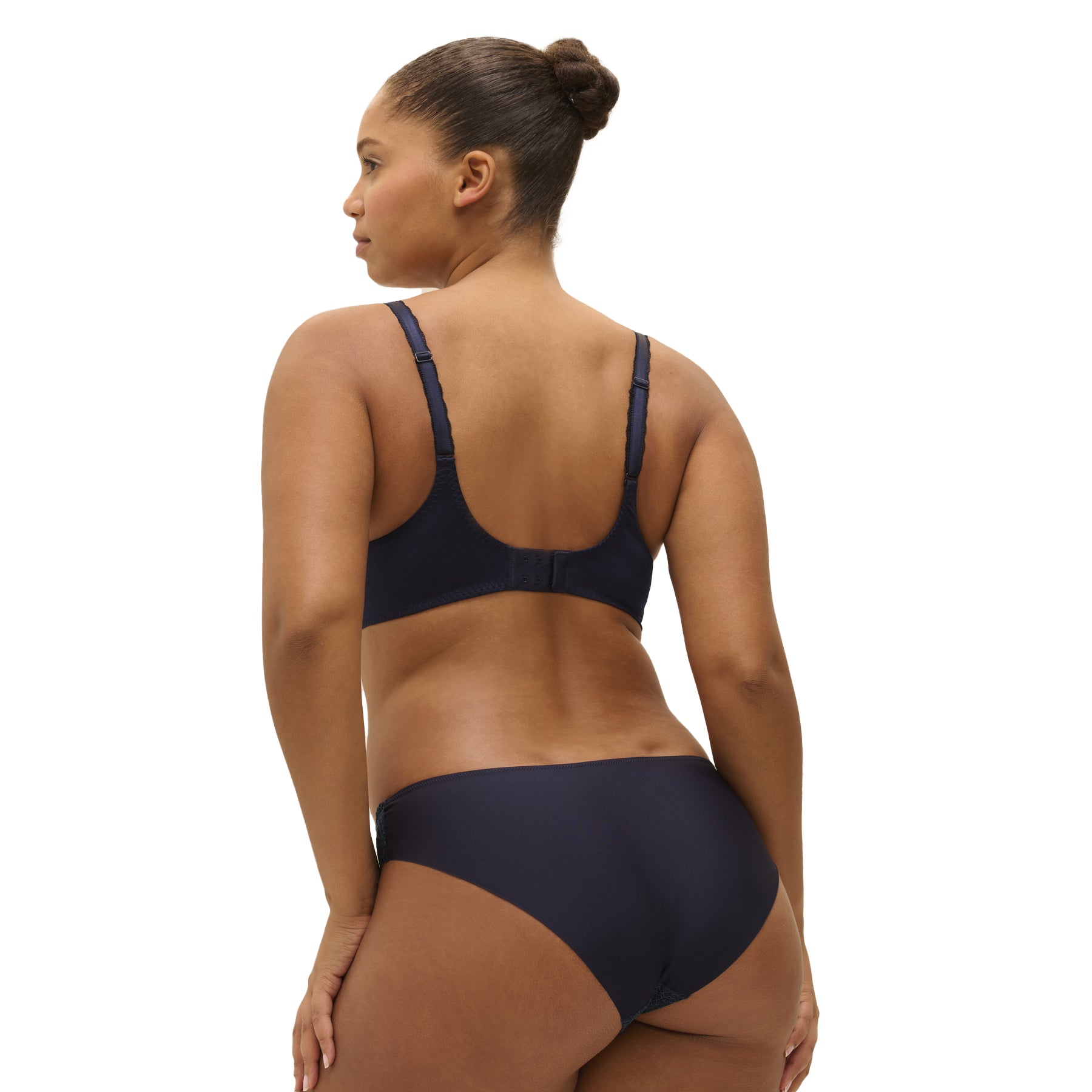 Back view of sapphire lace panty with smooth navy microfiber finish