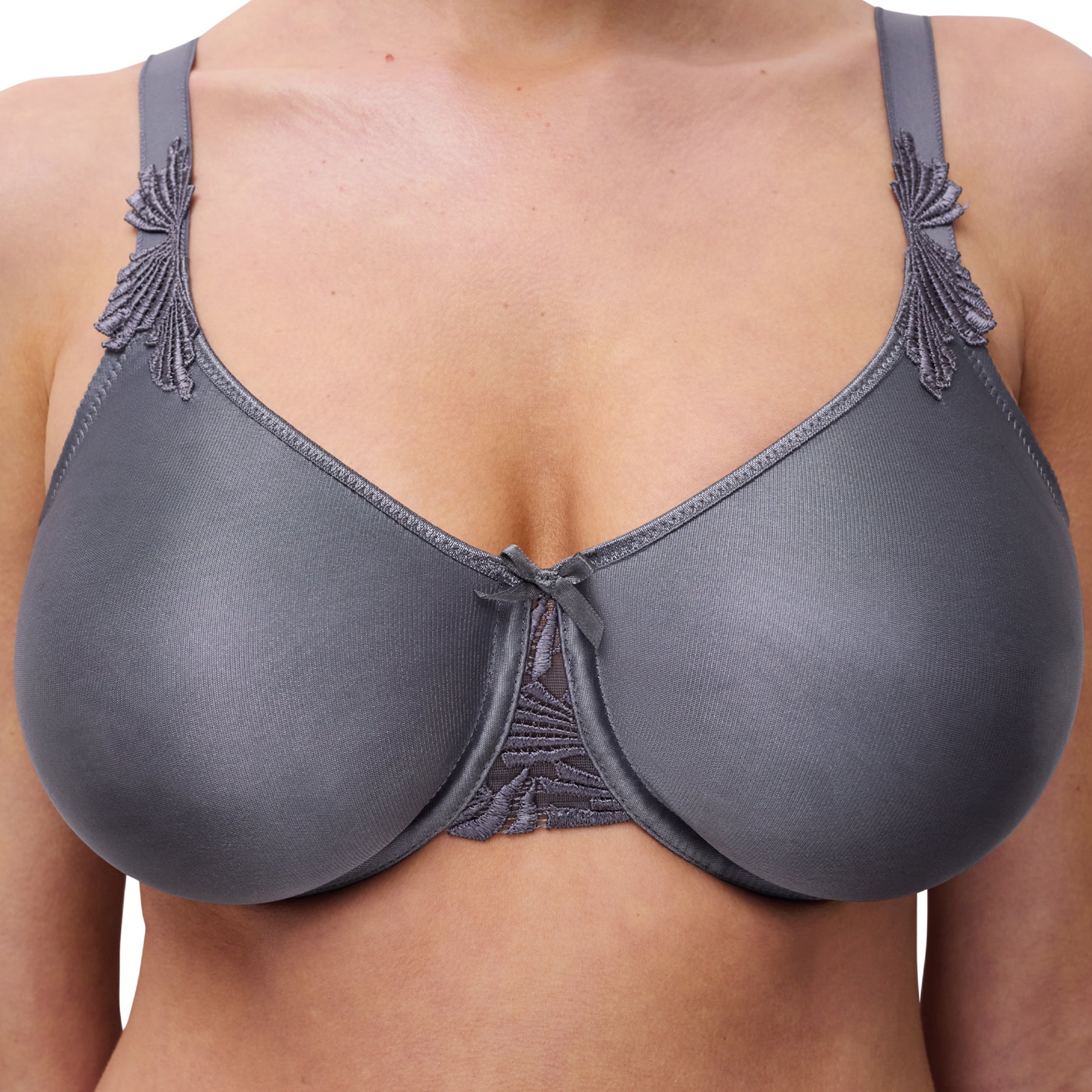 Detailed view of the slate grey seamless underwire bra with embroidered centre and strap accents.