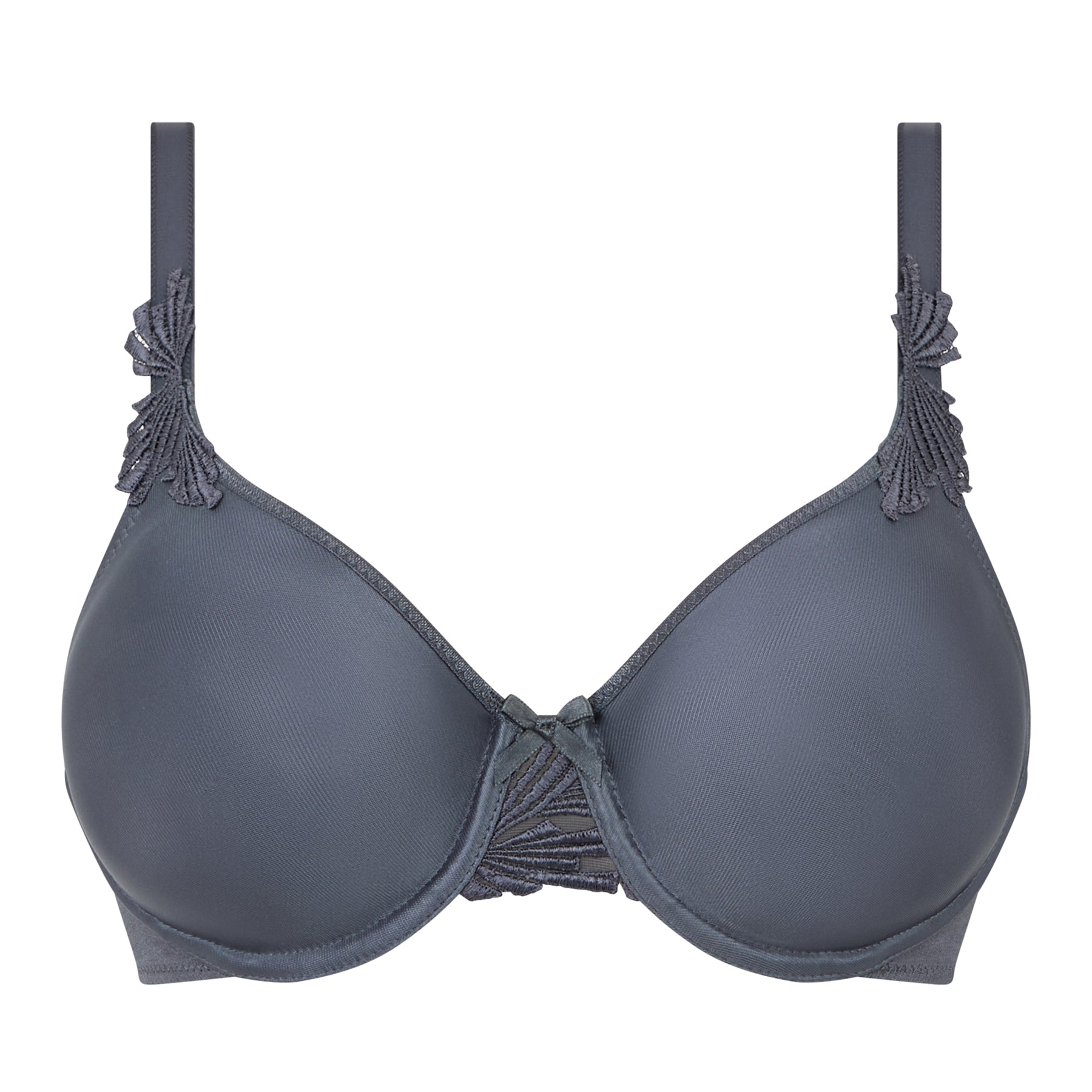 Slate grey seamless bra with smooth cups, embroidery on straps and centre gore, displayed on white background.