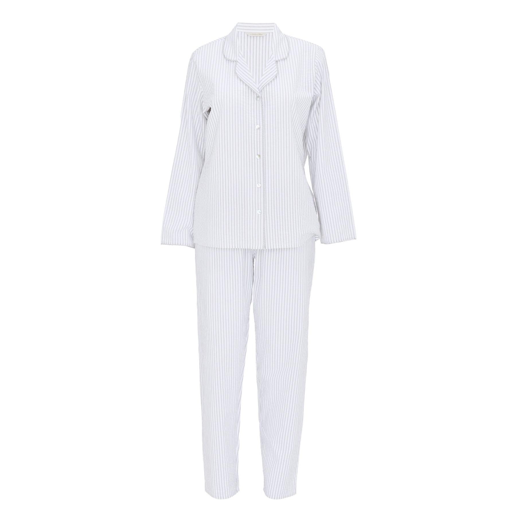 Product flat lay of light grey and white striped long-sleeve pyjama set with button-front top and matching pants.