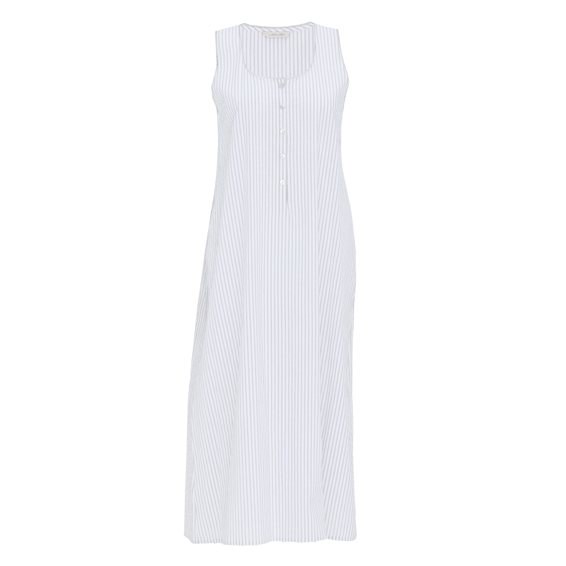 Light grey and white striped sleeveless cotton nightgown with button front and midi length shown on white background