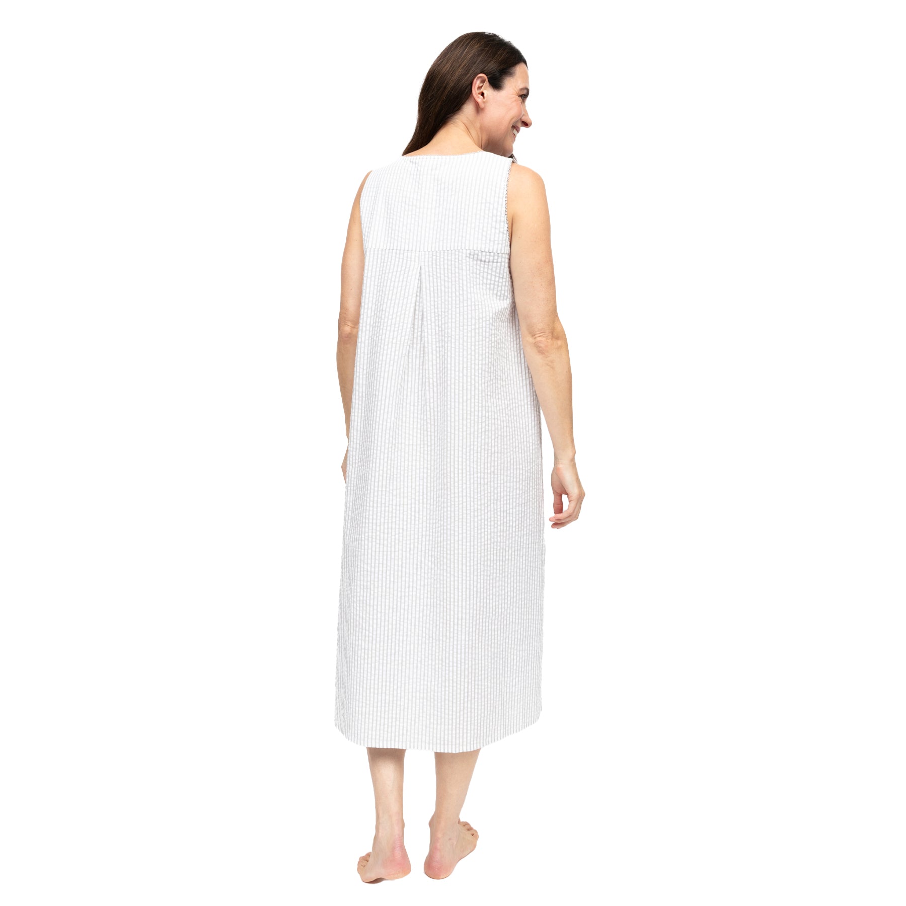 Back view of light grey and white striped midi nightgown with sleeveless cut and soft flowing fit