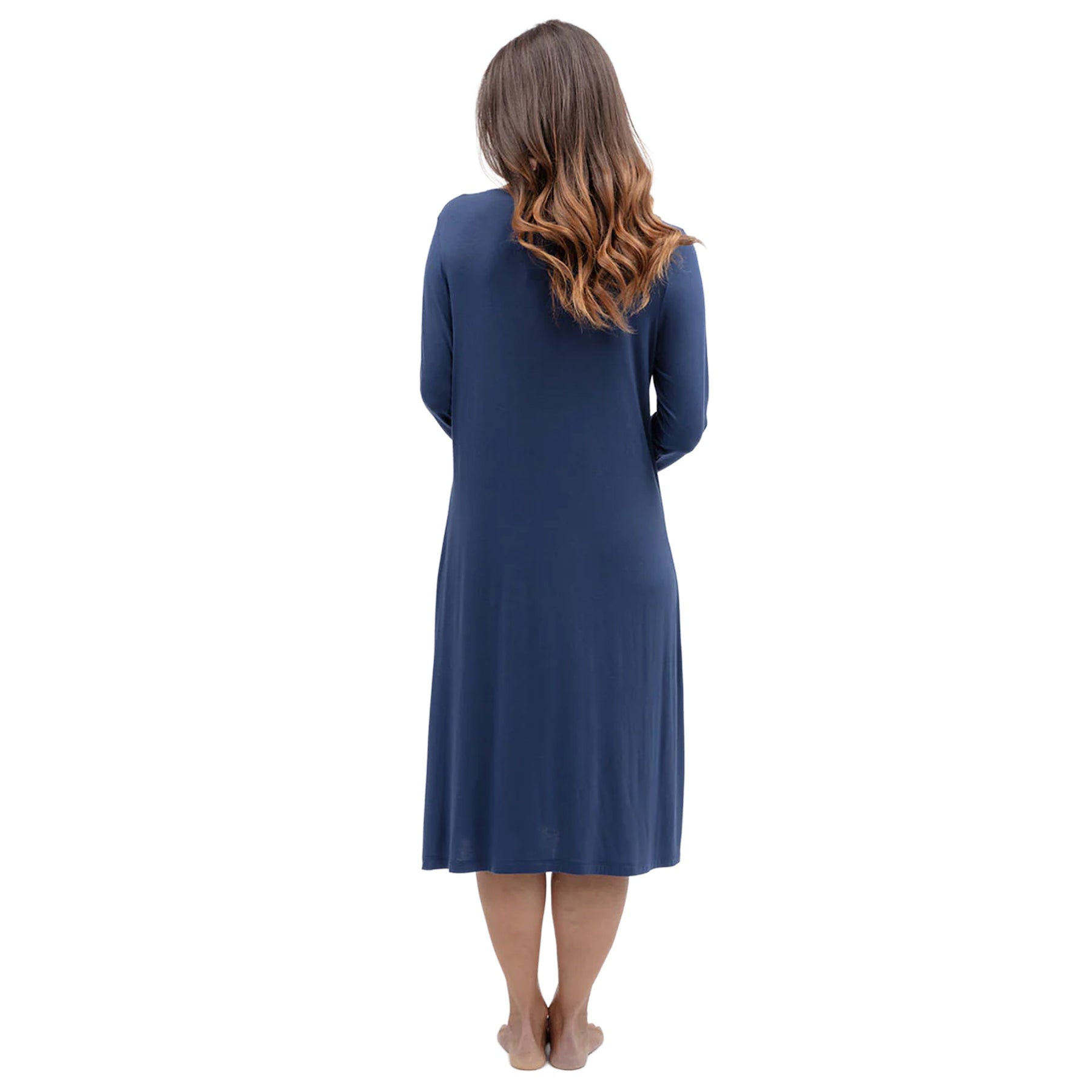 Back view of navy blue jersey nightgown showcasing smooth fabric, long sleeves and simple relaxed sleepwear style.