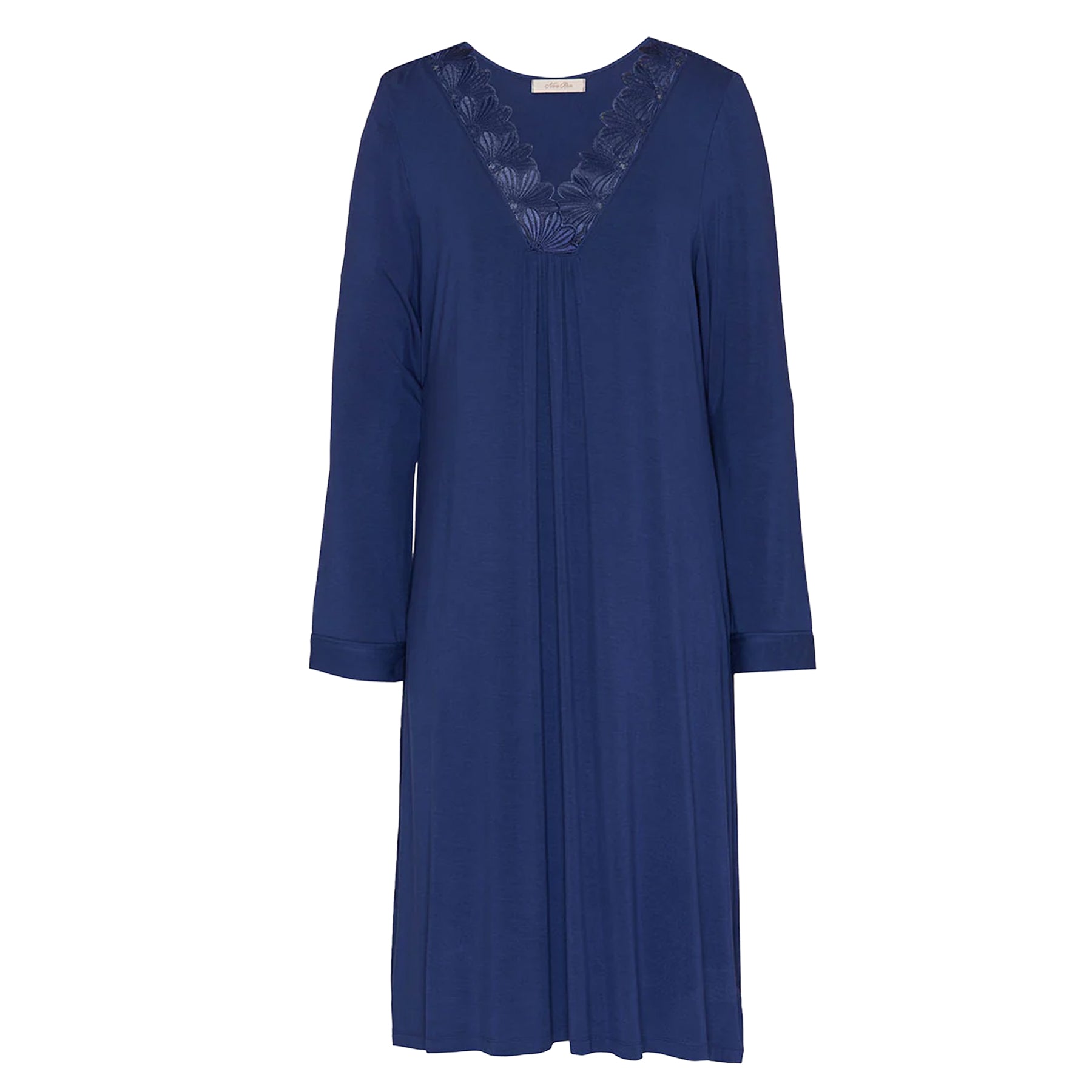 Flat front view of navy long sleeve nightgown with feminine lace neckline, soft pleated front detail and flowing comfortable shape.