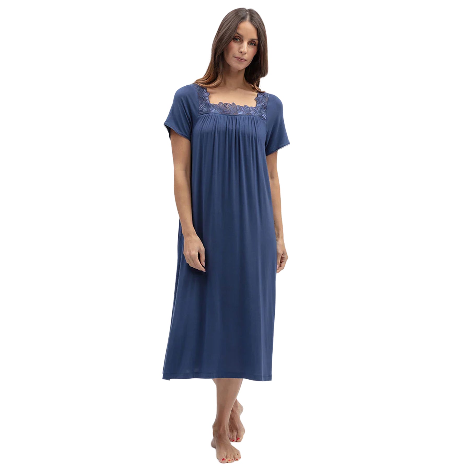 Front view of navy blue short sleeve jersey nightgown featuring delicate lace neckline, soft gathers and flowing full-length silhouette.