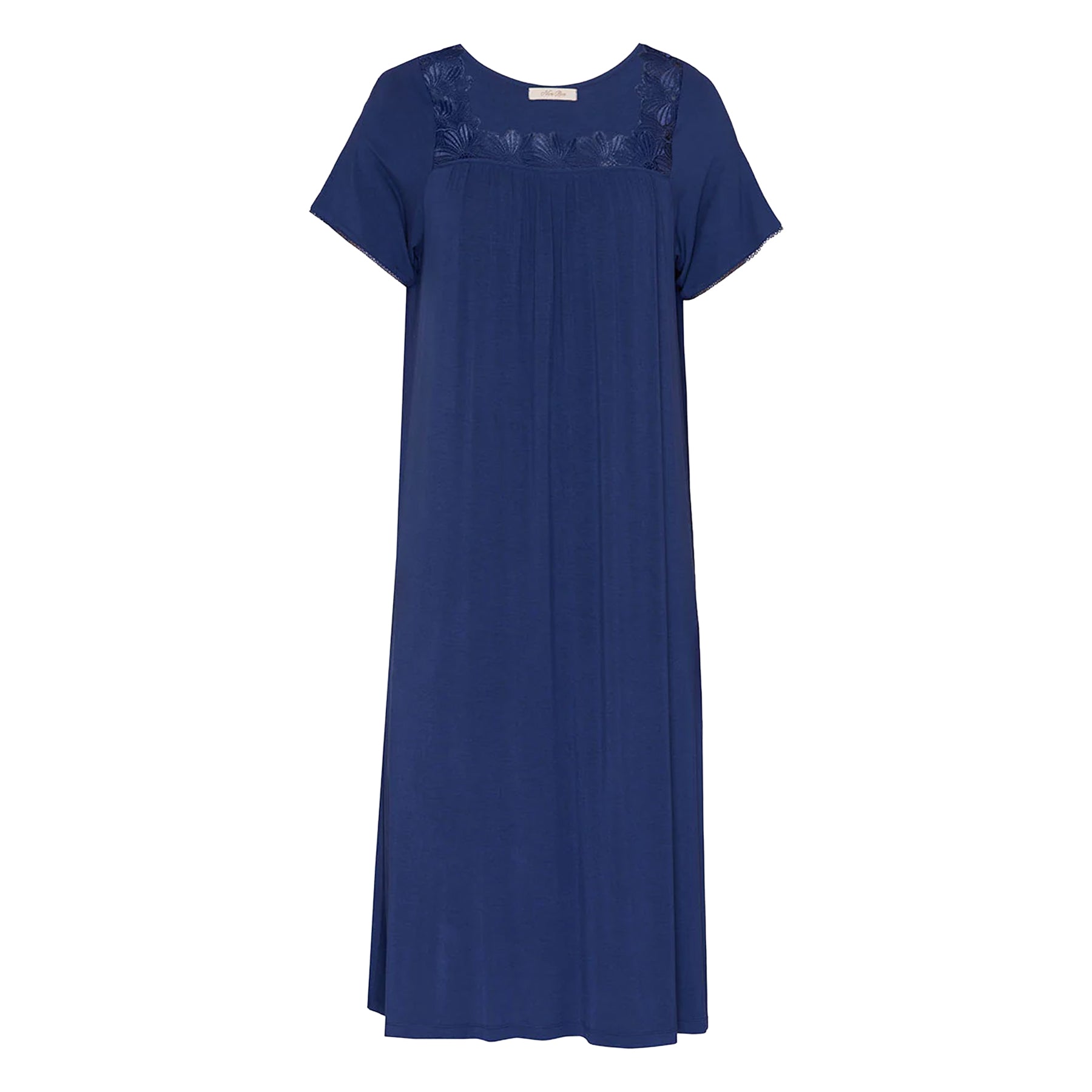 Flat front view of navy jersey nightgown with square lace neckline detail, soft pleated front and elegant flowing design.