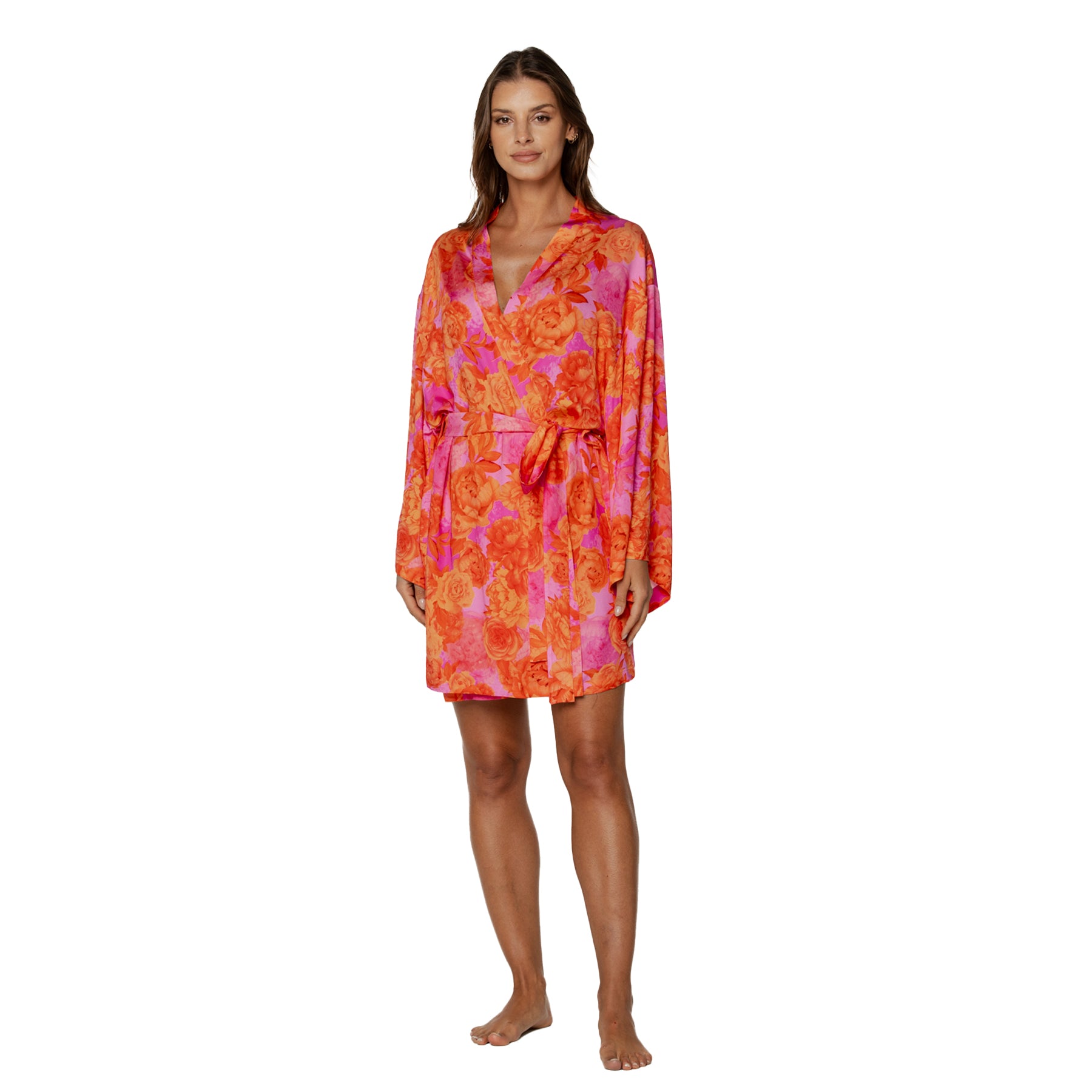Pink and orange floral satin robe with tie waist, front view on model