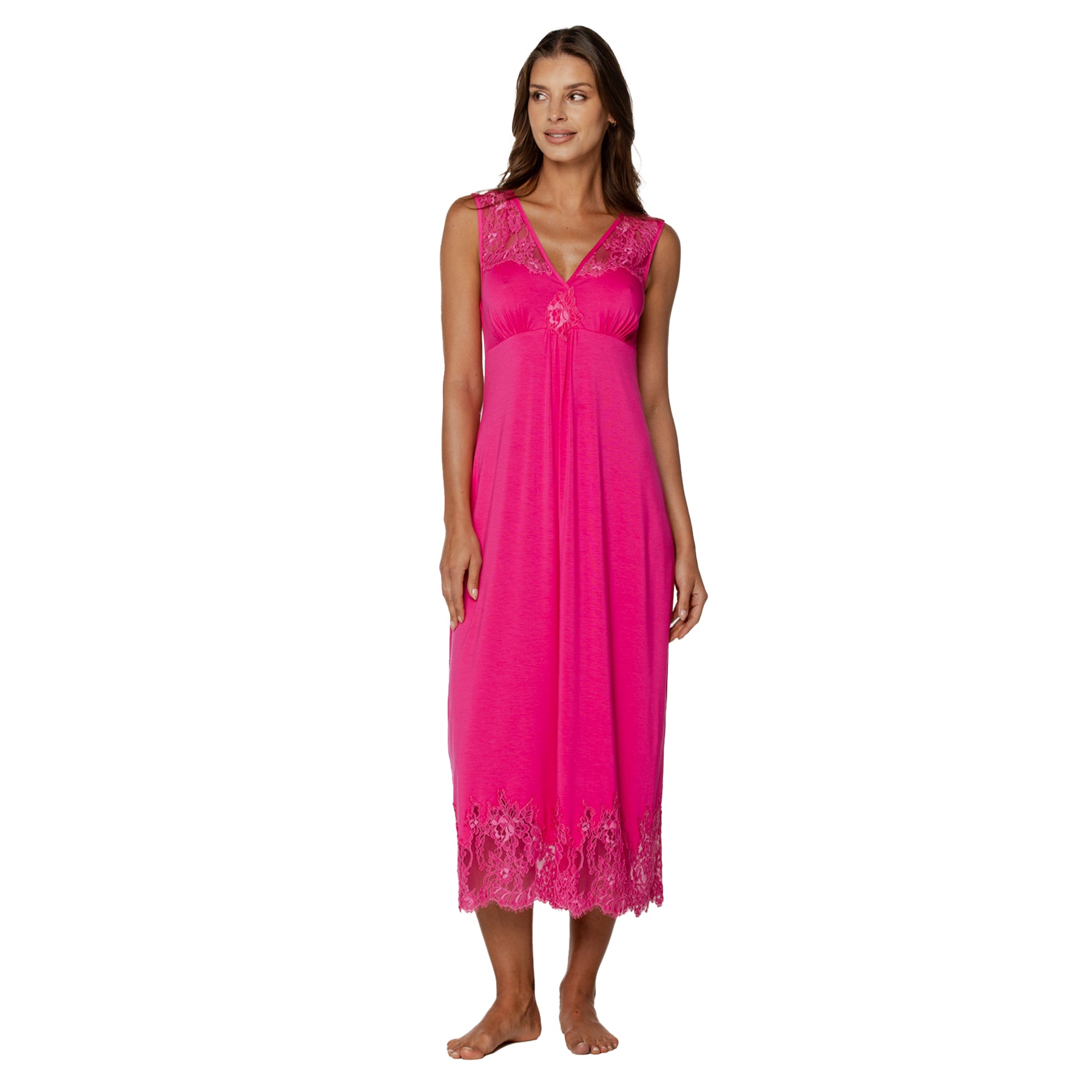 Fuchsia sleeveless long nightgown with lace V-neck and scalloped lace hem, front view