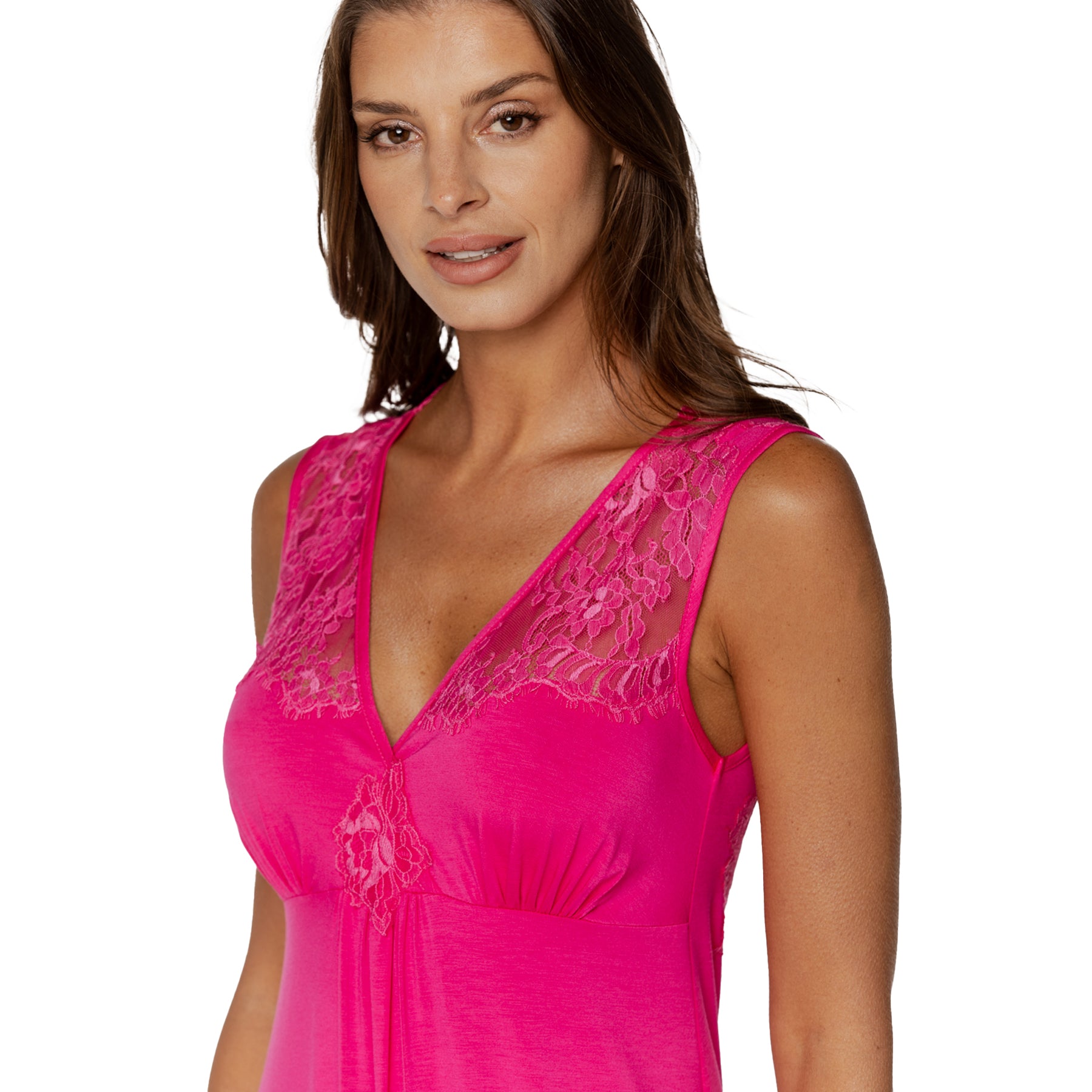 Close-up of fuchsia nightgown neckline with delicate lace panel and soft gathered bust