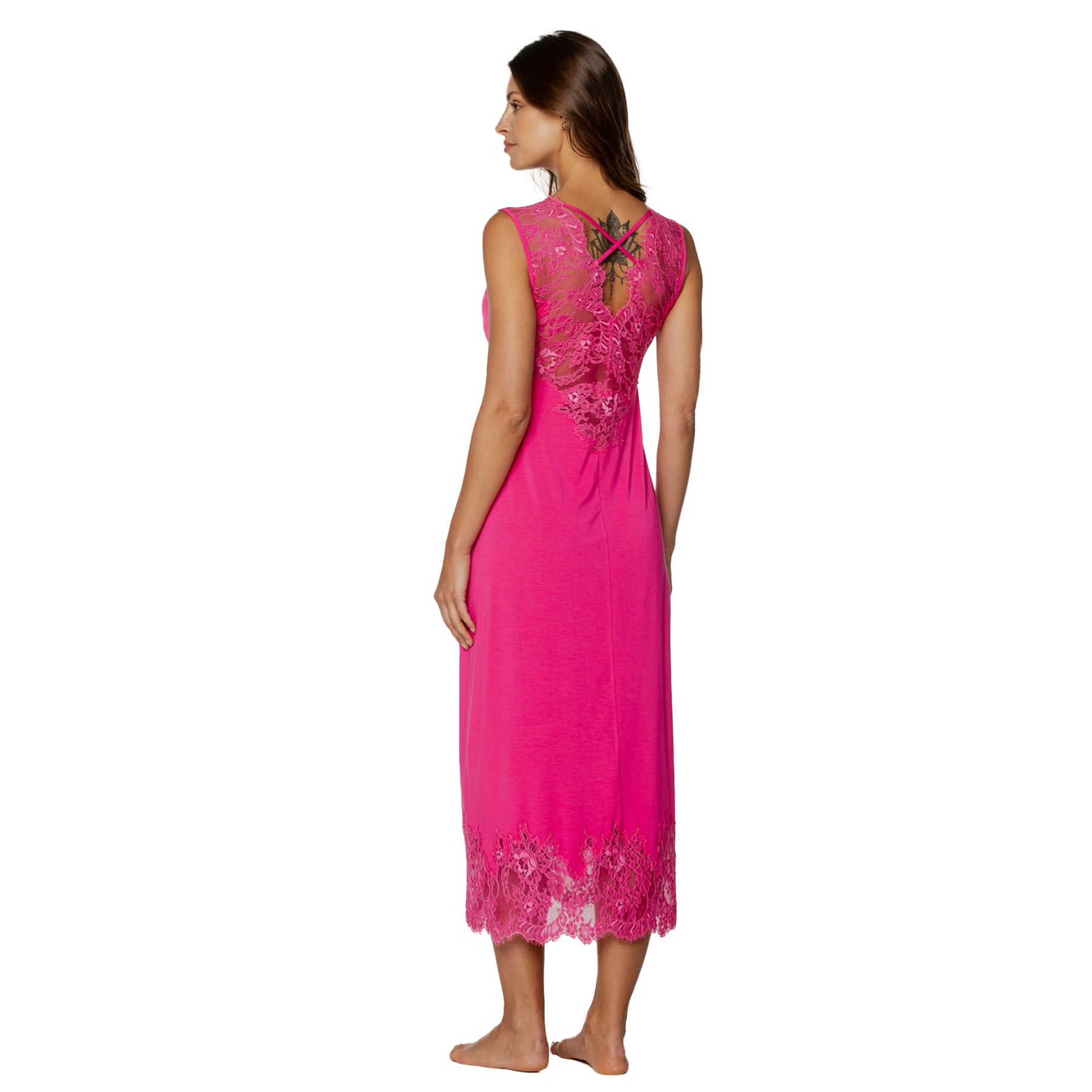 Back view of fuchsia full-length nightdress with sheer lace back and elegant drape