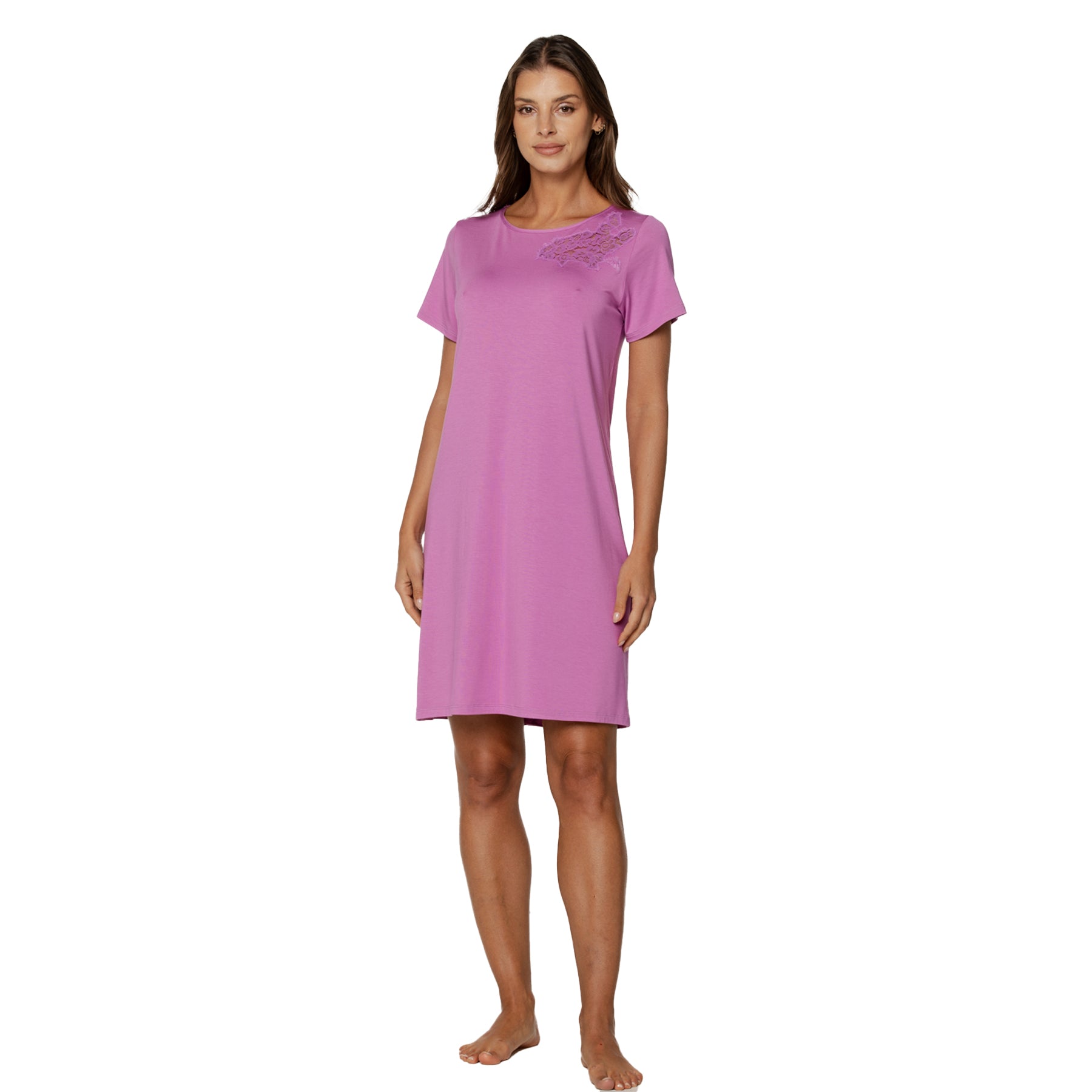 Pink short sleeve nightgown with lace detail on shoulder, front view on model