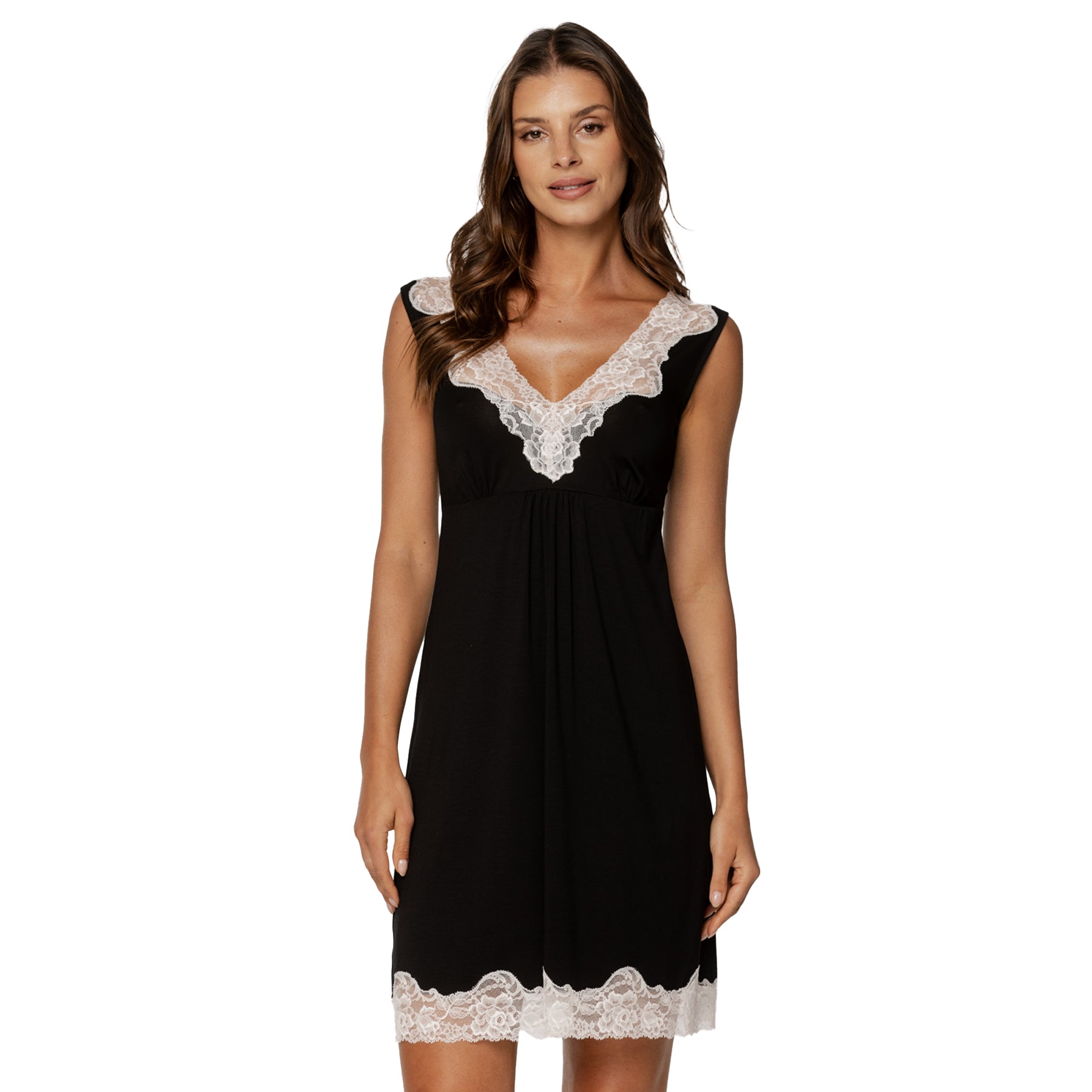 Black sleeveless nightdress with white lace V-neck and scalloped lace hem, front view