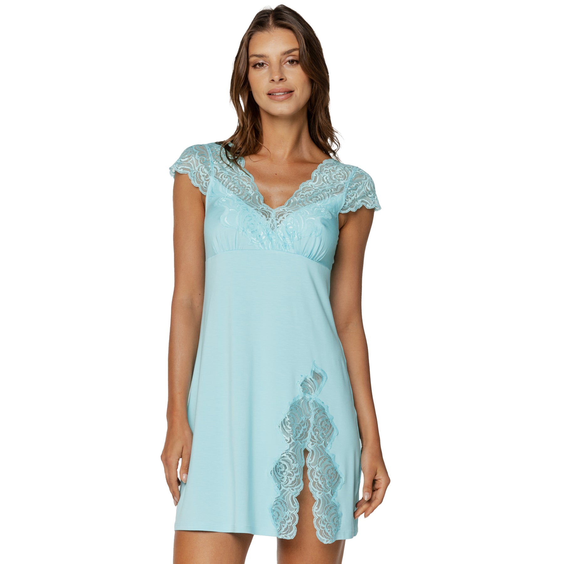 Front view of light blue nightdress with lace neckline and decorative lace side slit