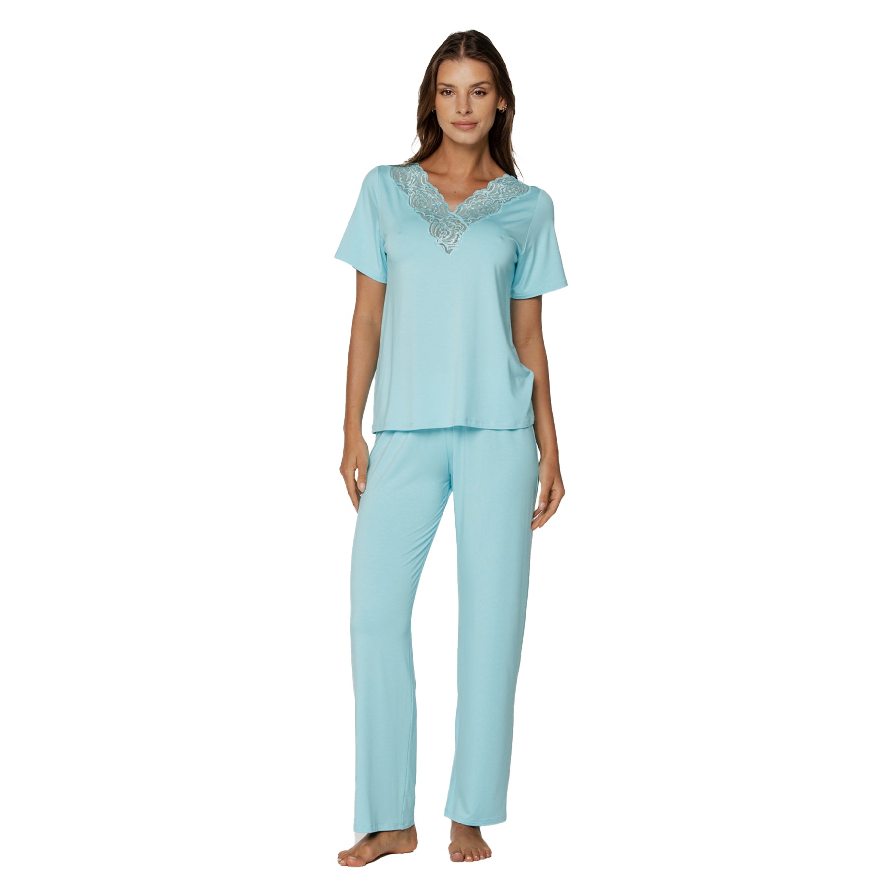 Soft blue short sleeve pyjama set with lace V-neck top and relaxed fit pants