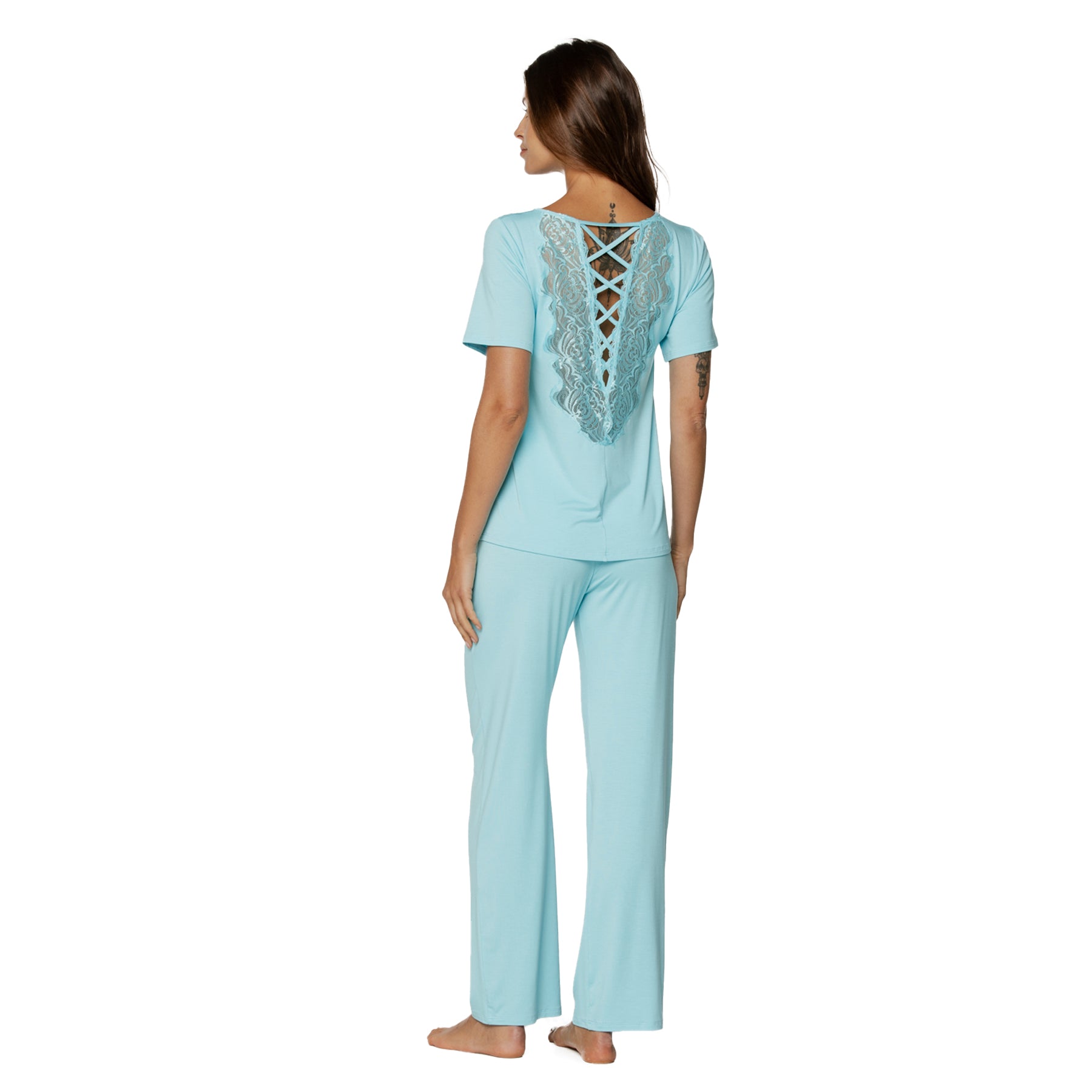 Full back view of matching blue pyjama set with wide-leg pants and lace back detailing