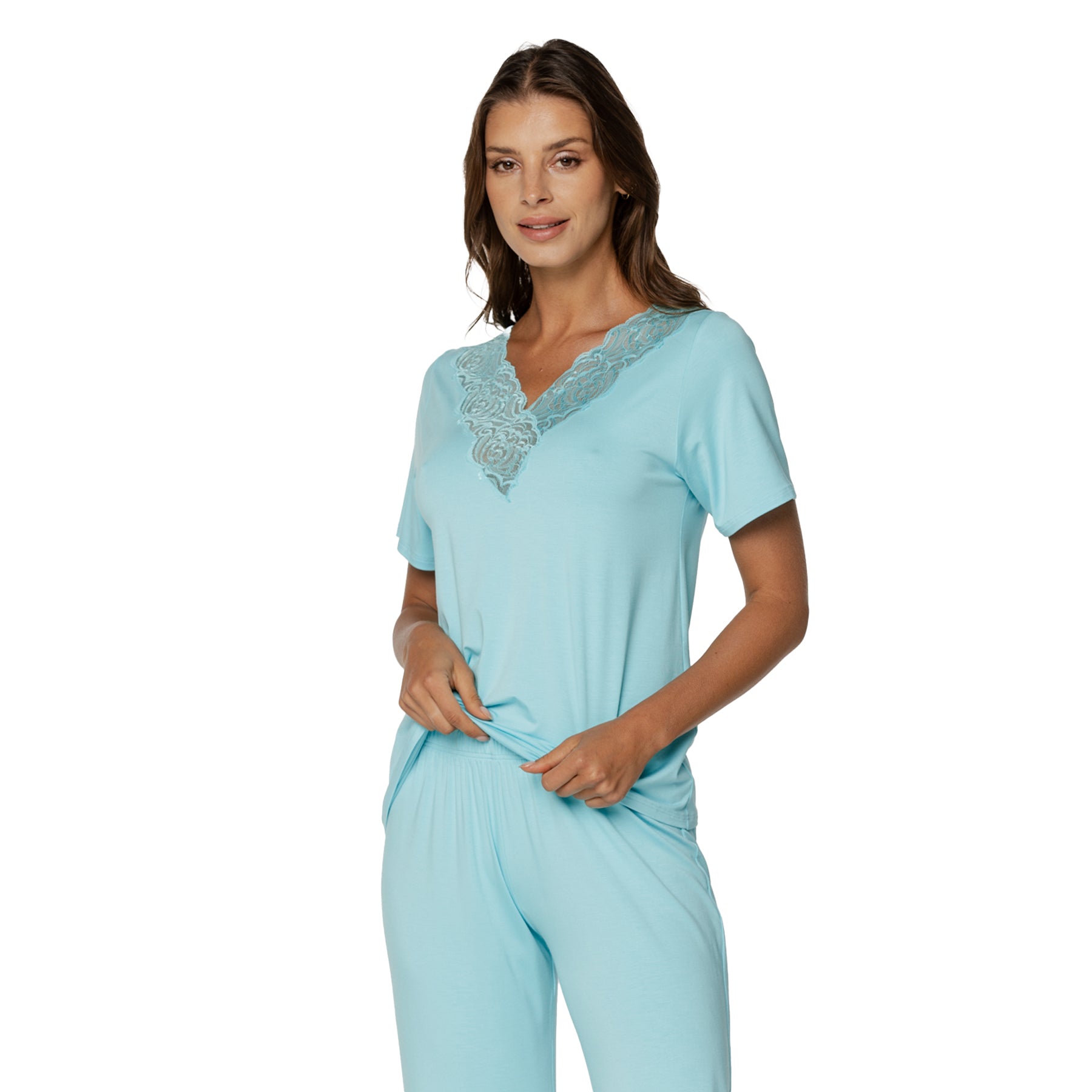 Front angled view of blue lounge set showing fluid drape and feminine lace trim neckline